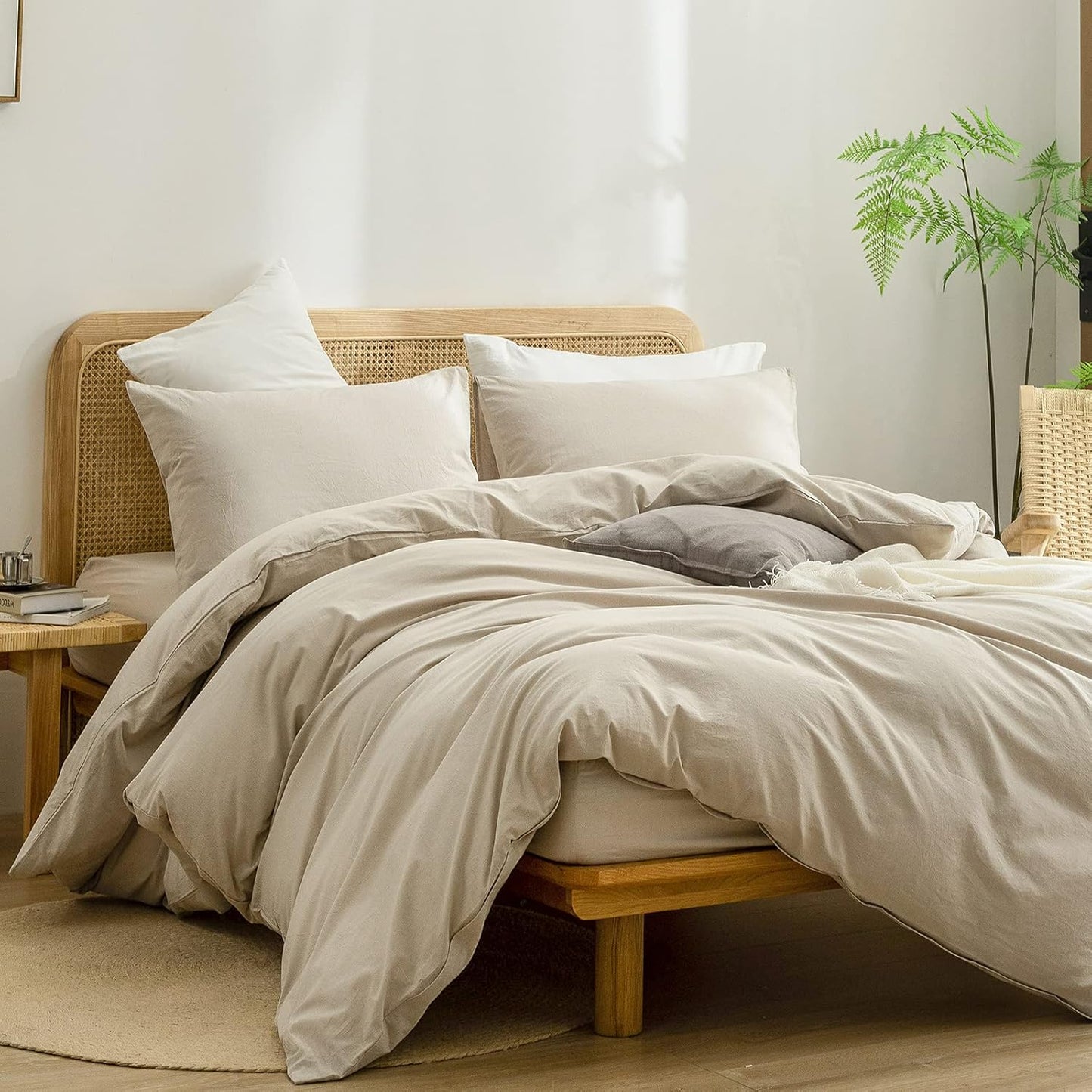 BESTOUCH Duvet Cover Set 100% Washed Cotton Linen Feel Super Soft Comfortable Chic Lightweight 3 PCs Home Bedding Set Solid Almond Milk Grey Super Queen