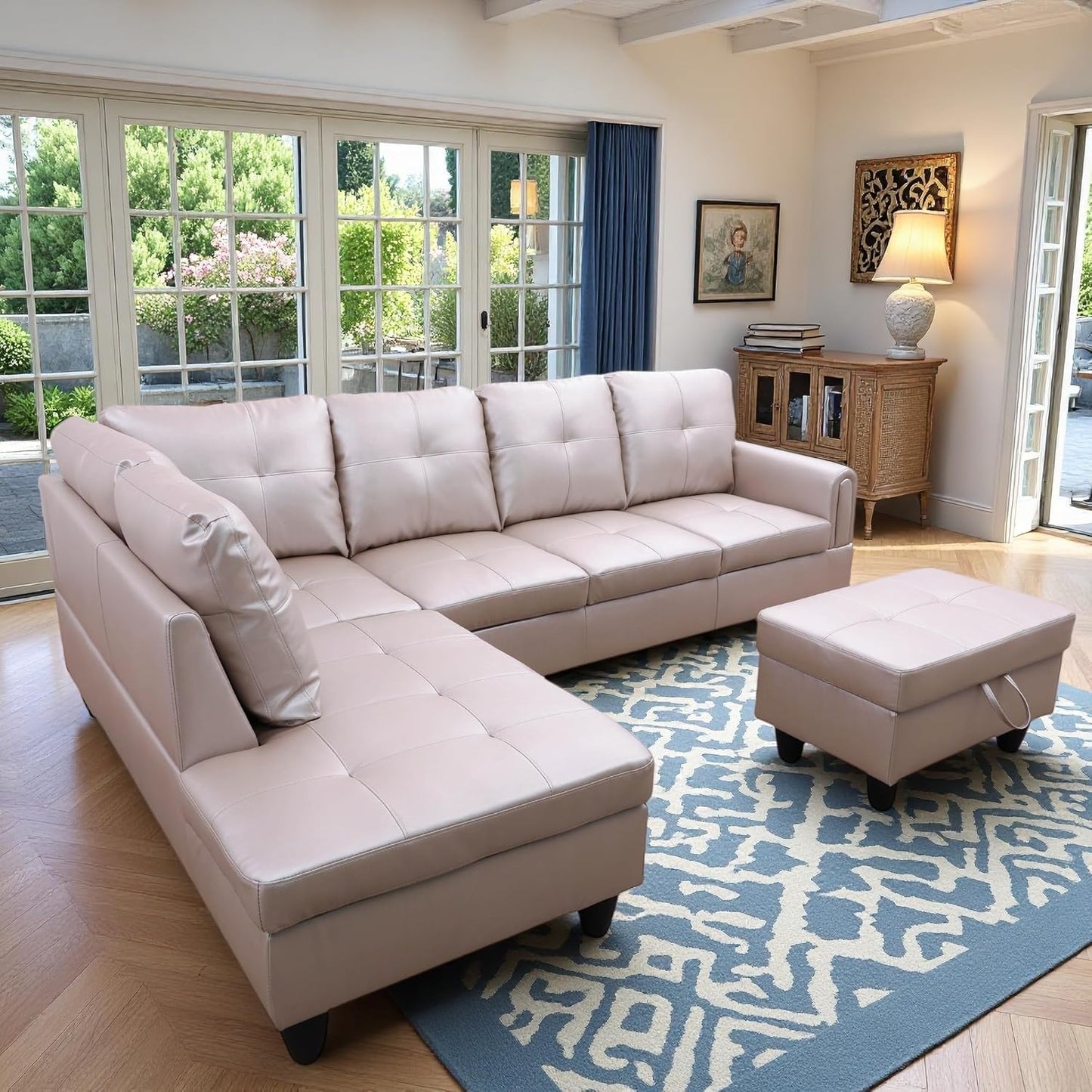 L-Shaped Sectional Sofa with Ottoman, Right-Facing Leather Modern Couch with Cup Holder for Living Room, Bedroom, Office, Persistent Pink