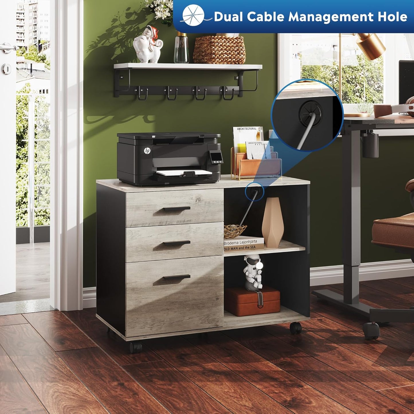 DEVAISE 3 Drawer Mobile File Cabinet, Wood Lateral Filing Cabinet, Printer Stand with Open Shelves for Home Office, Greige