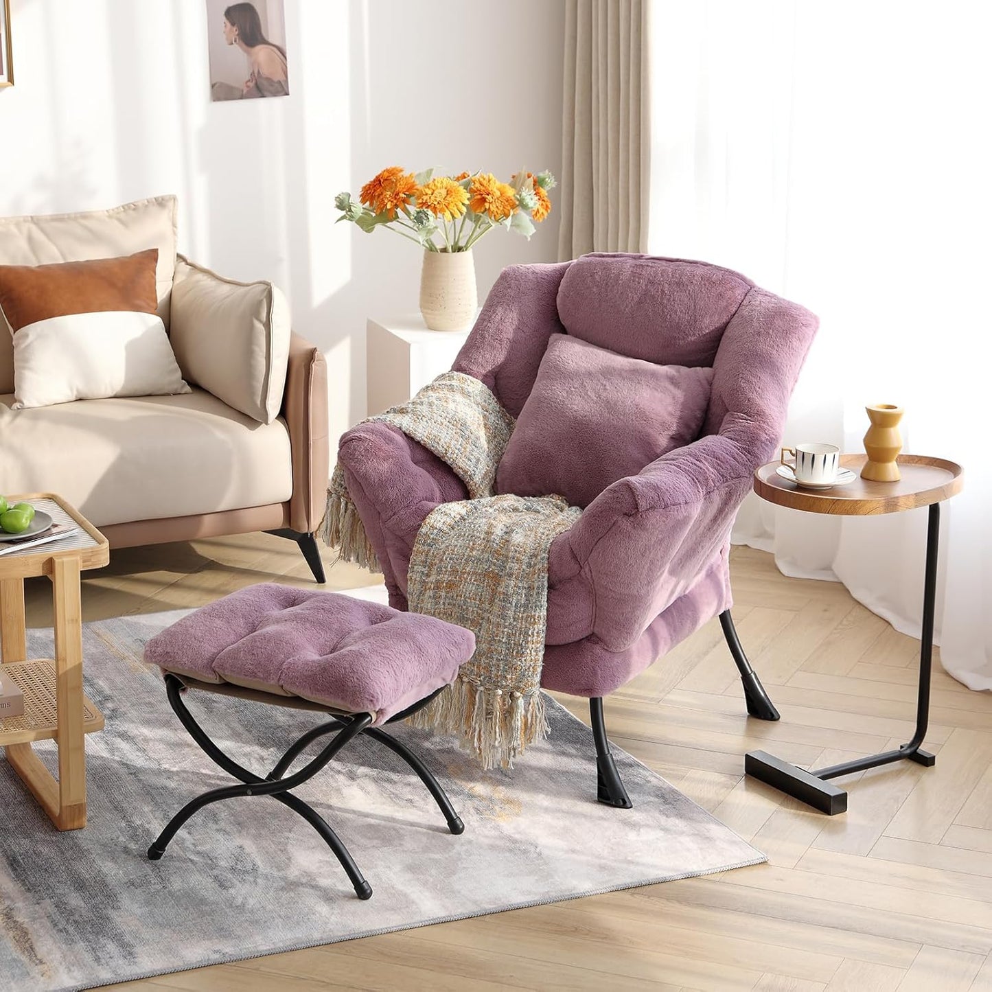 Lazy Chair with Ottoman, Comfy Reading Lounge Chair with Footstool & Throw Pillow Modern with Armrests & Side Pocket for Living Room, Bedroom, Dorm Room, Plush Purple