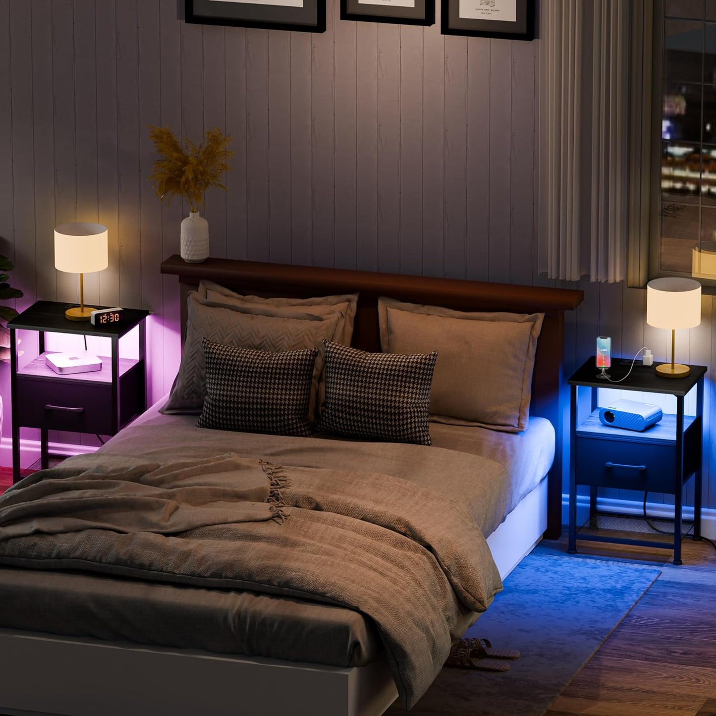 Nightstands Set of 2 with Charging Station and Drawer, End Table Bedside Table with 20 Colors LED Light Strip and 2 Layers Shelf for Bedroom Living Room Sofa Couch (Black)