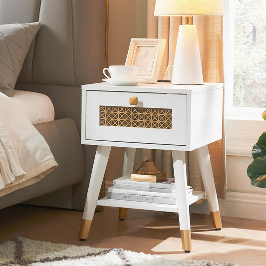 Modern Style Side Table, End Table with Drawer and Shelf for Living Room, Square Wooden Small Nightstand, White