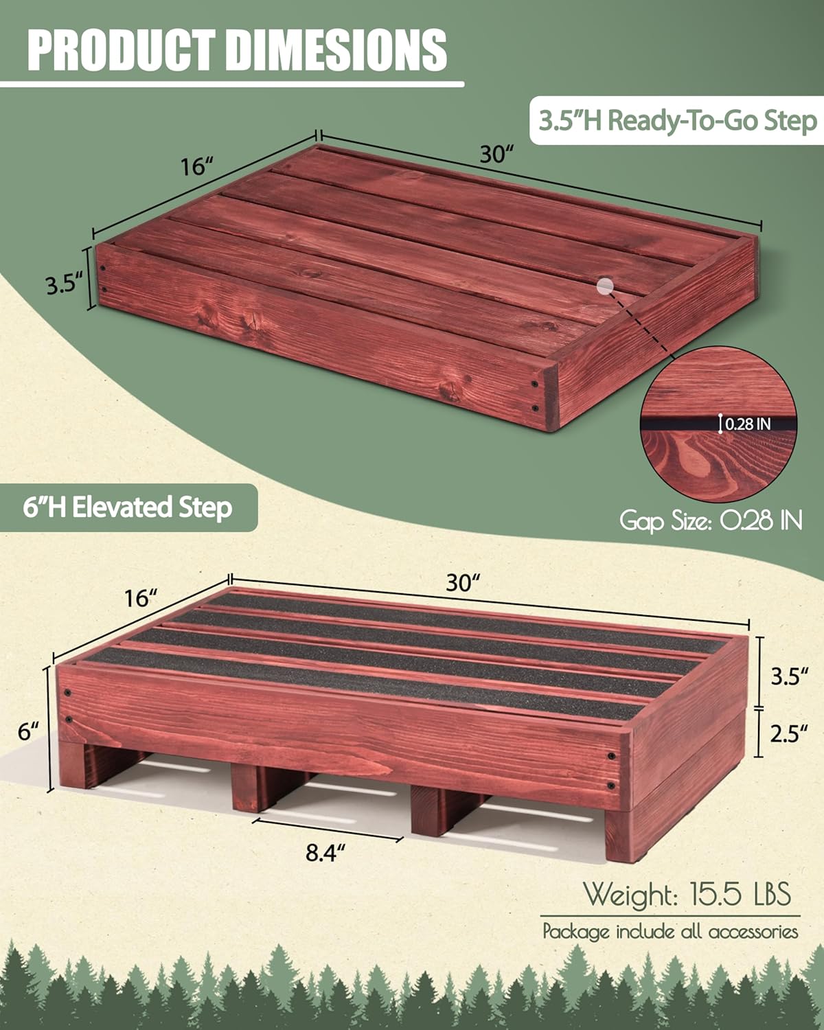 3.5"/6" Heightable Wooden Outdoor Step, 100% Heartwood Step Stools for Adults with 4 Additional Legs & Anti-Slip Traction Tape, One Step Stool for Elderly, Adults, Kids (30" L x 16" W)