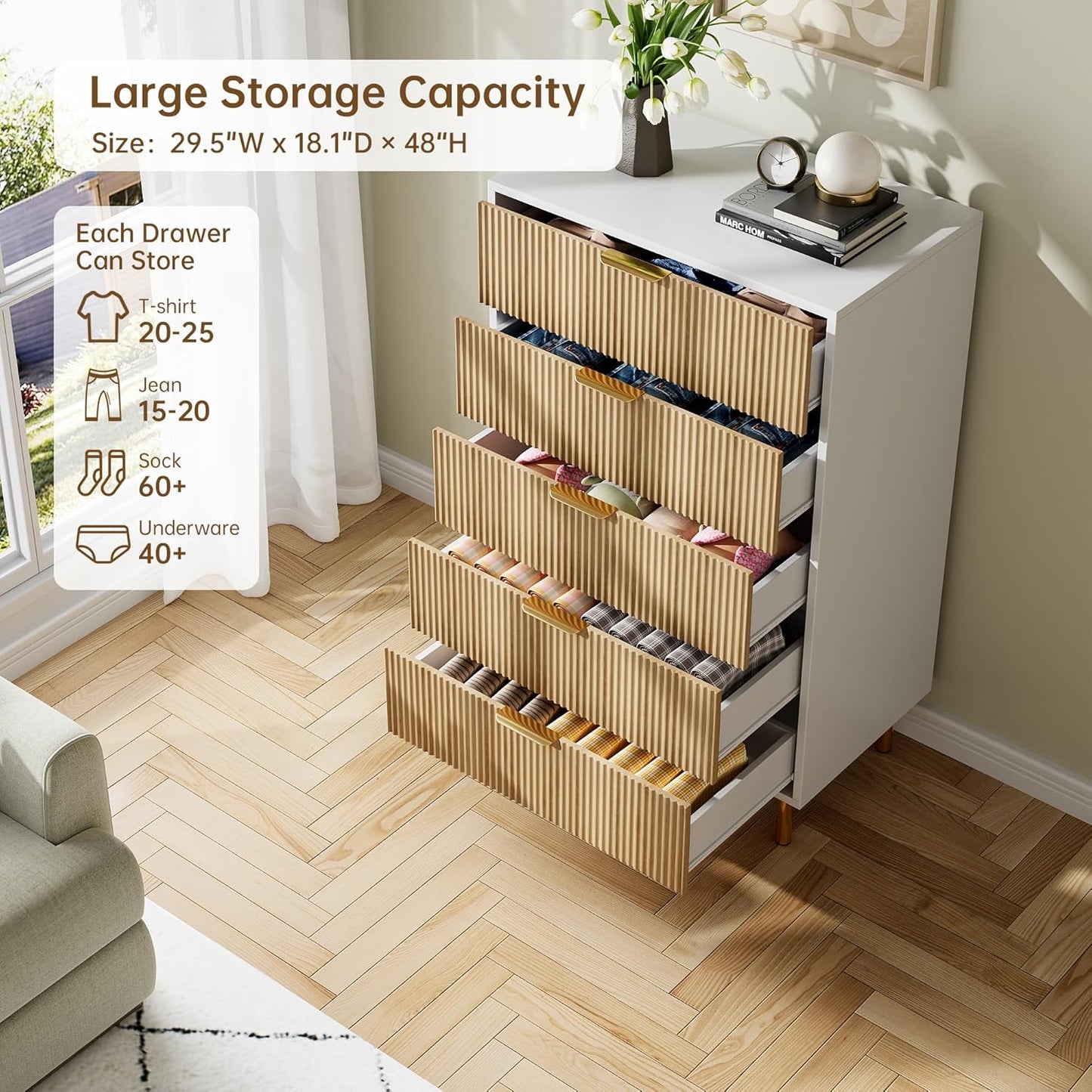 Natural Dresser, Modern 5 Drawer Dresser for Bedroom with Gold Handle and Large Drawer, Wood Double Chest of Drawers and Storage Organizer for Living Room, Hallway, Entryway