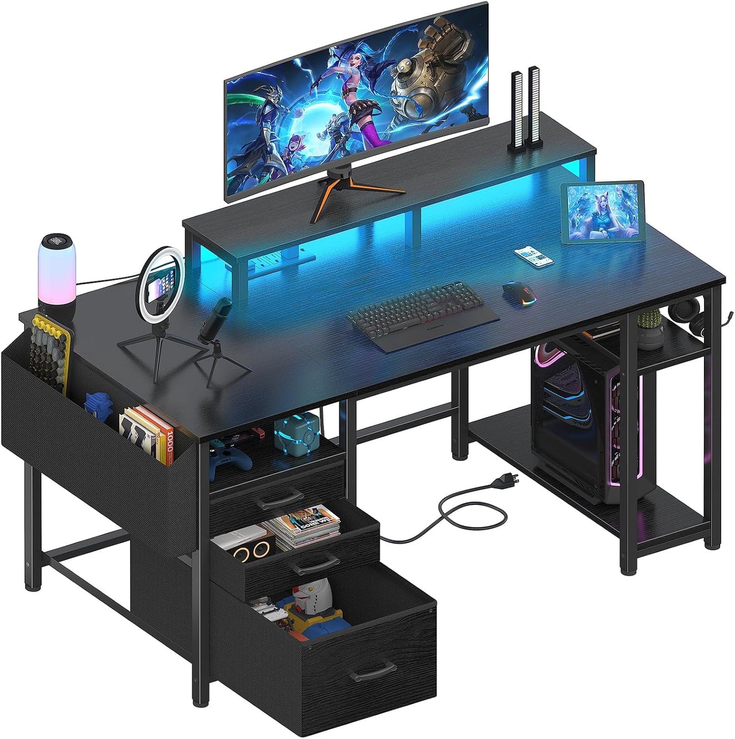 Lufeiya Gaming Desks with Led Lights and Power Outlets, 55 Inch Computer Desk with File Drawers Cabinet, Home Office Desk with Shelves Monitor Stand, Black