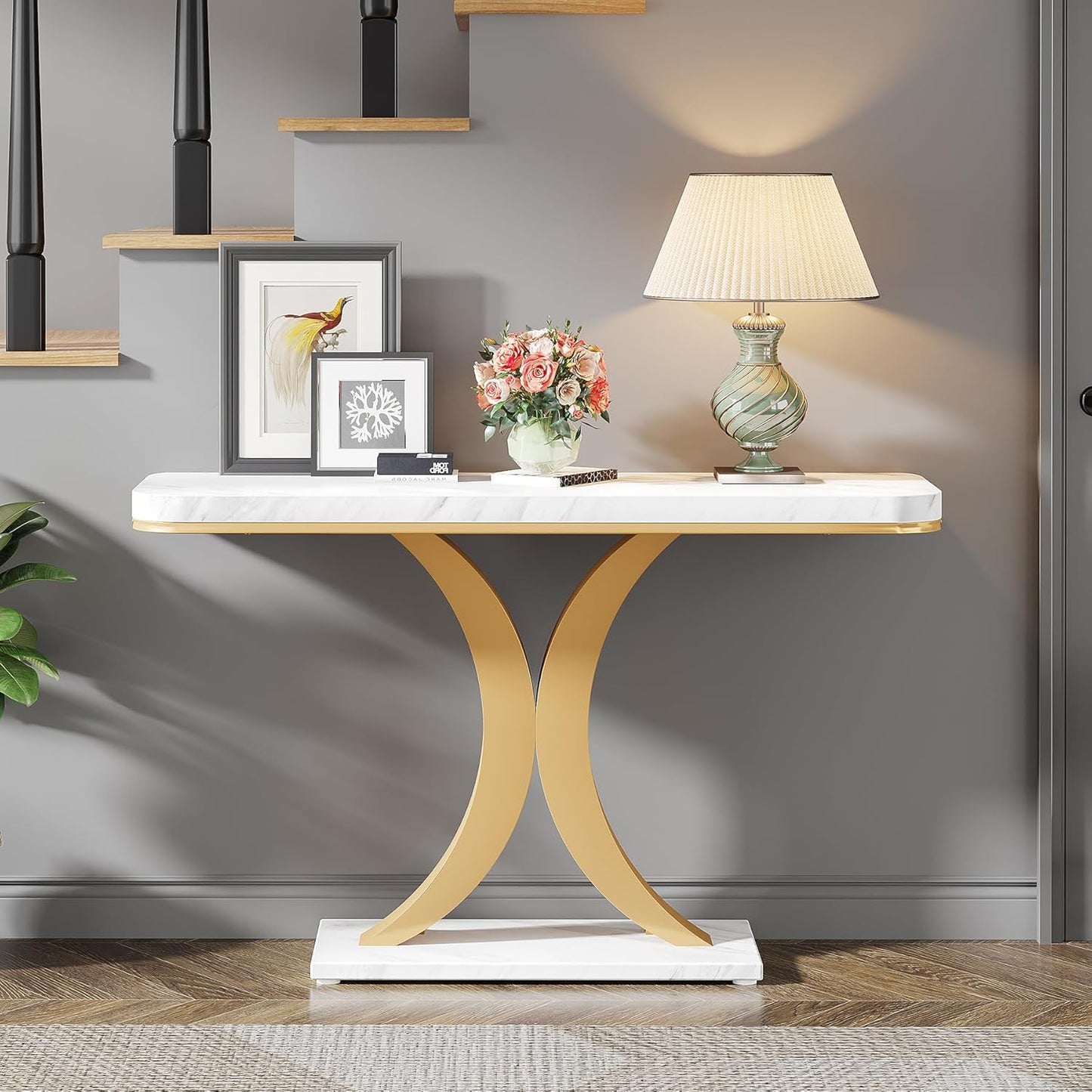 LITTLE TREE Narrow Entryway Console Table, Small, White+Gold