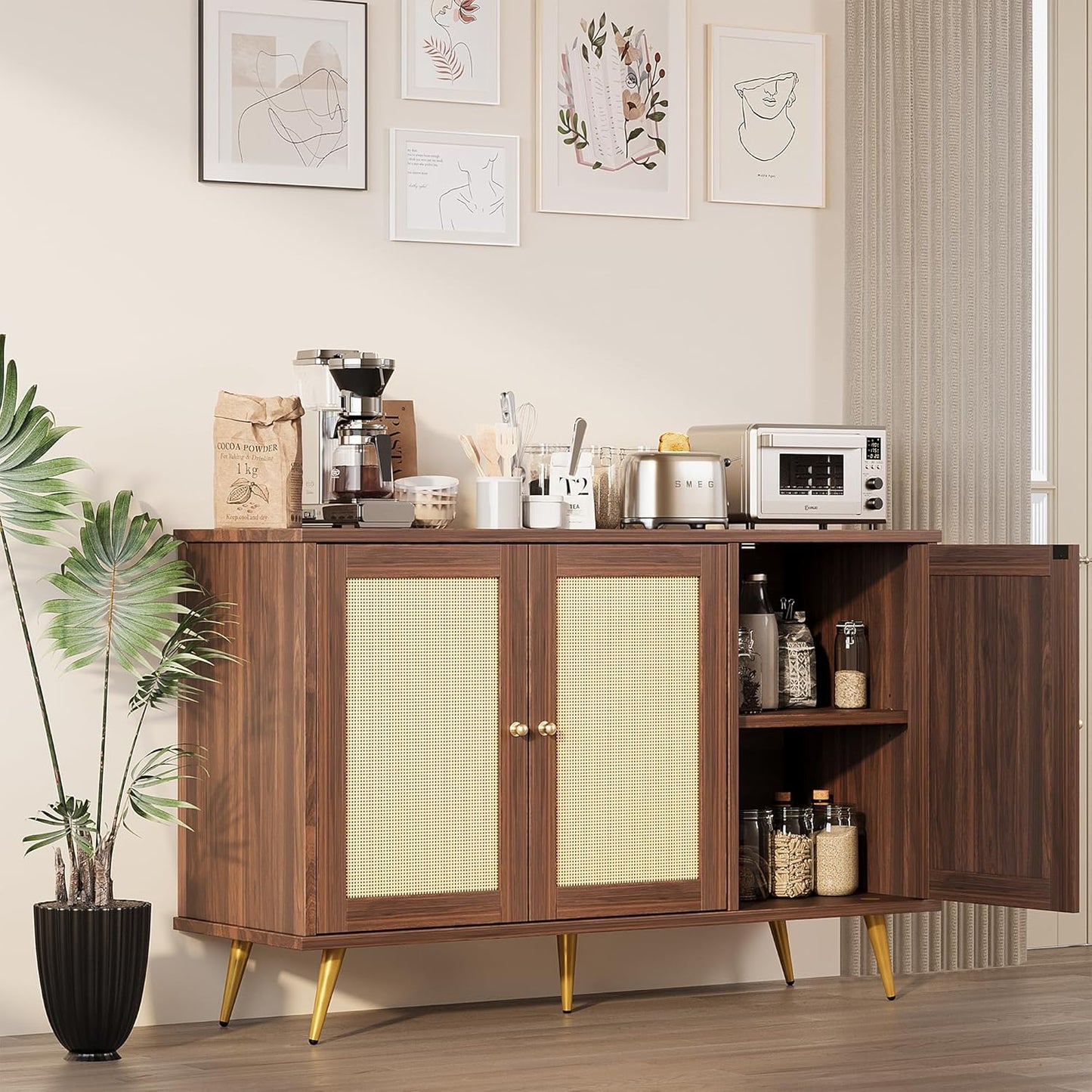 Shintenchi Large Rattan Storage Cabinet, Modern Sideboard Cabinet, Accent Large Storage Space Cabinet with Rattan Decorated Doors for Living Room, Dining Room, Brown