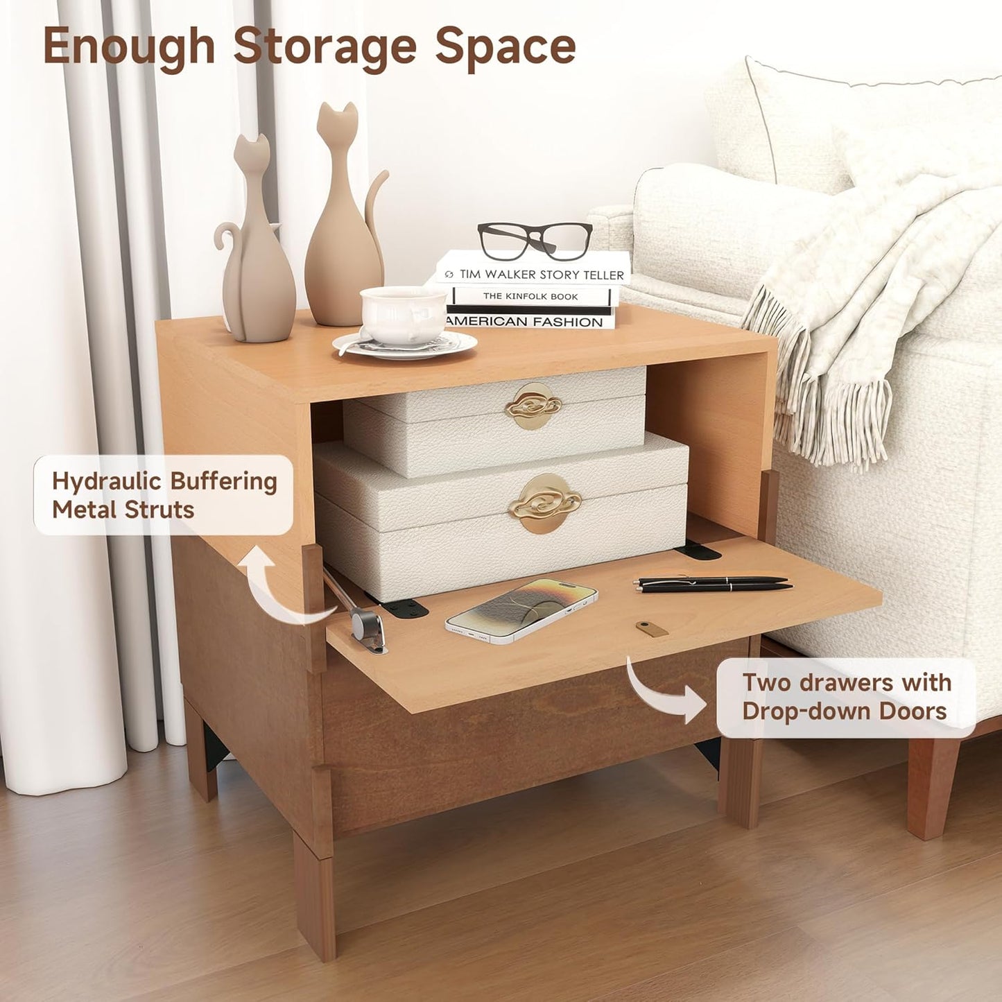 Sebastack Night Stand, Customizable 2 Drawers Bedside Table, End Table, Side Table for Bedroom, Dormitory, Mid-Century Style Wood Chest of Furnitures, Beech and Walnut Color Combo