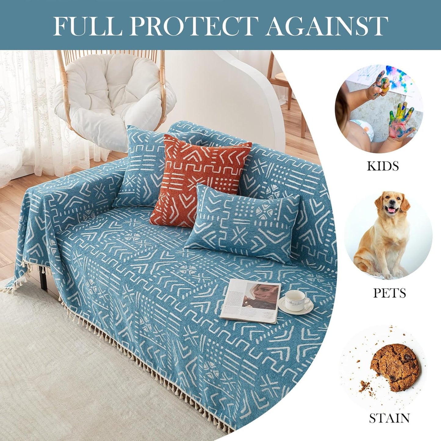 HANDONTIME Turquoise Couch Protector for Dogs Boho Tassel Blue Couch Cover Farmhouse Sofa Covers Aztec Tribal Couch Covers for 3 Cushion Couch Sofa Universal Sofa Slipcover for Home décor, 71" X150"