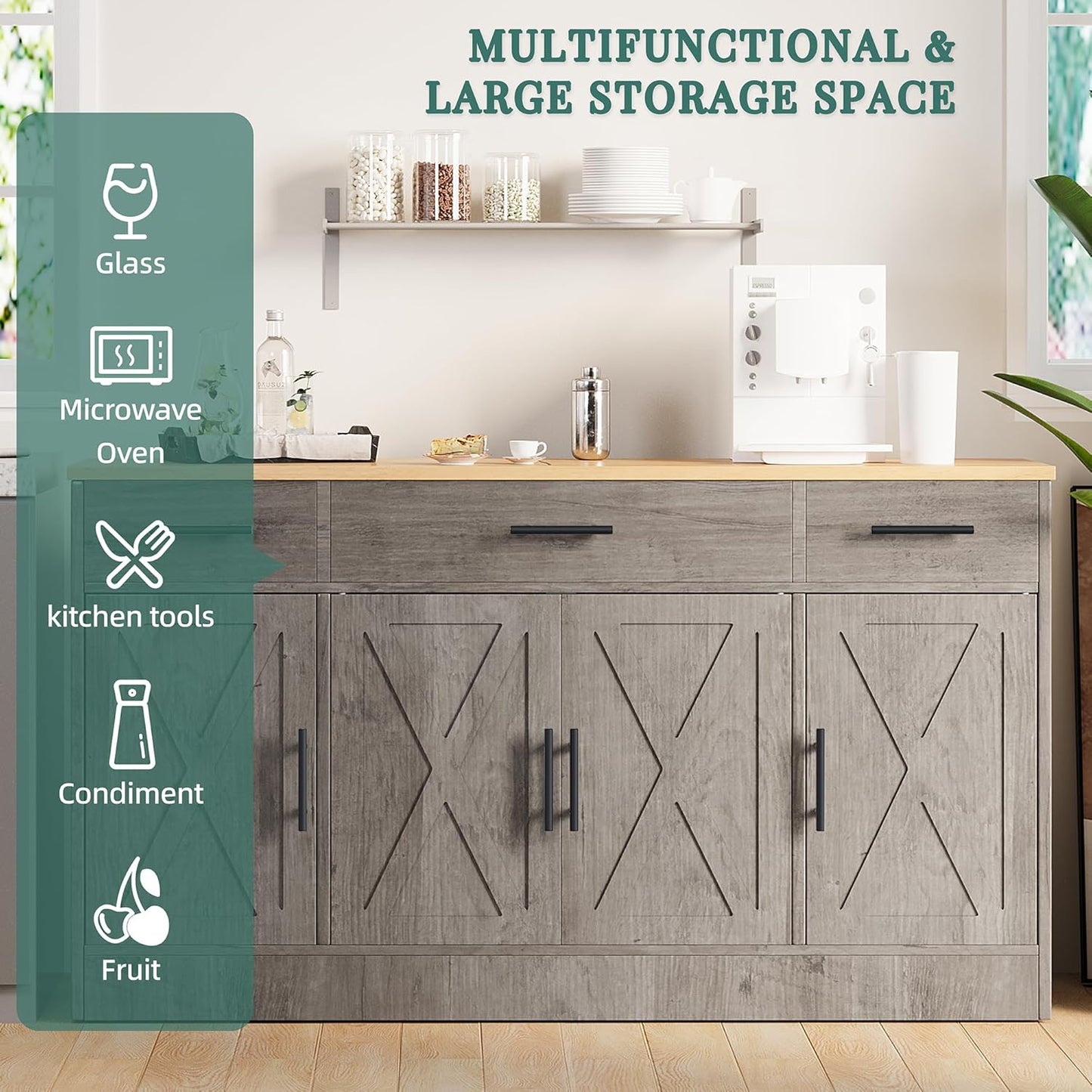 Shintenchi Buffet Cabinet with Storage,53.4" Large Kitchen Storage Cabinet with 3 Drawers and 4 Doors,Wood Farmhouse Buffet Sideboard with Adjustable Shelf for Kitchen Living Room,Ash Grey