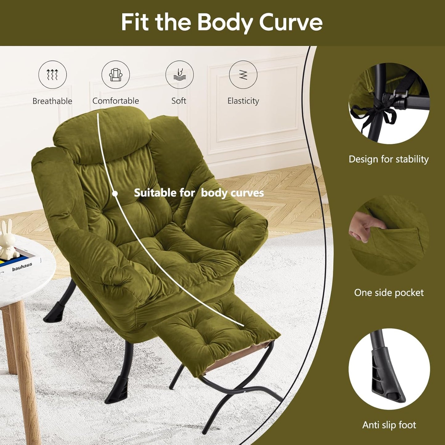 Lazy Chair with Folding Ottoman Modern Large Accent Chair,Contemporary Lounge Leisure Sofa Chair with Armrests Upholstered Sofa Armchair Reading Chair for Bedroom,Dorm & Office(Green-f)