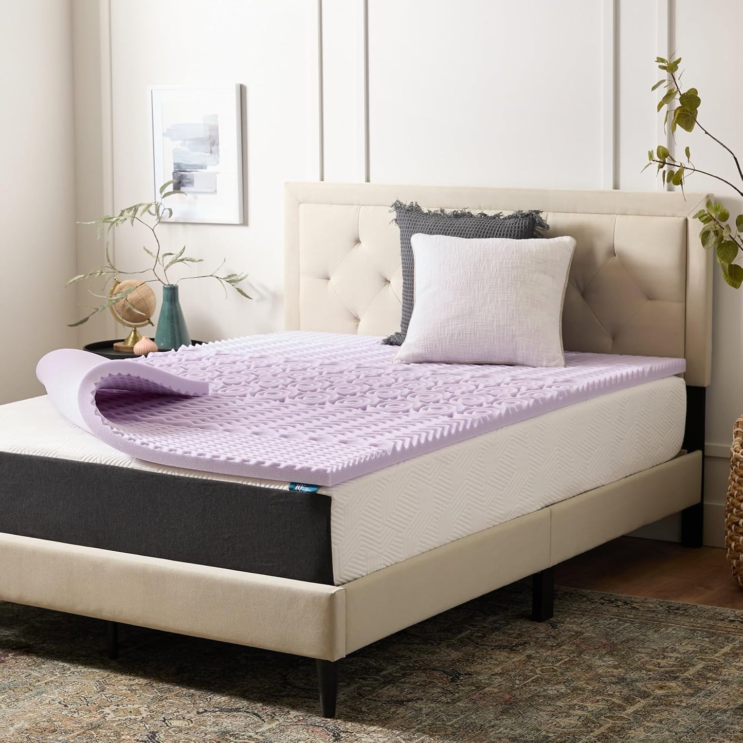 Lucid Lavender Infused 2 Inch Memory Foam Mattress Topper - Queen Size - Plush Feel - 5 Convoluted Zones - CertiPUR Certified - New Home Owner & Dorm Room Essentials