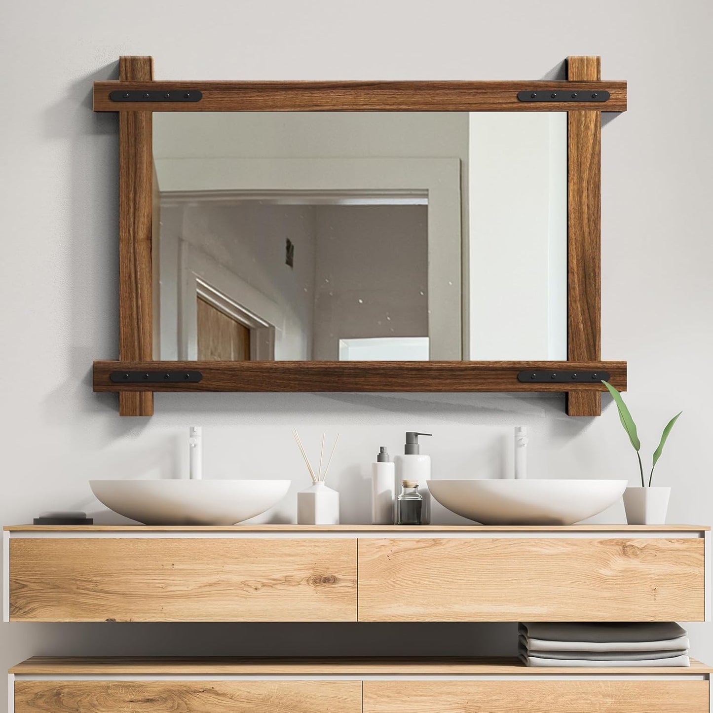 YOSHOOT Farmhouse Wood Bathroom Mirror, 48"x30" Rustic Wall Mirror, Round Corner Vanity Mirror for Decor, Vertical or Horizontal Hanging, Selected Wood, 100% Handmade