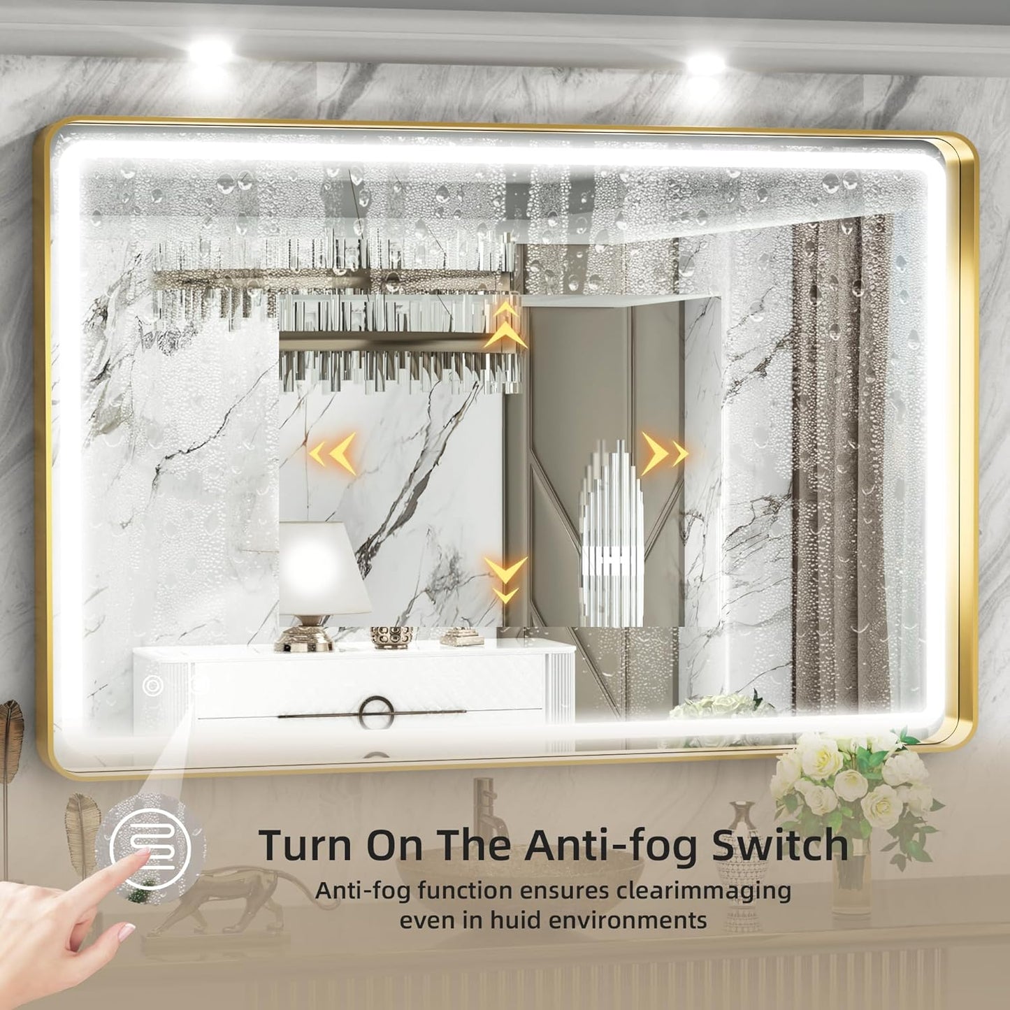 Hasipu LED Bathroom Mirror with Lights 40 x 26 Inch, Gold Metal Frame Light Mirror for Vanity Anti-Fog, Dimmable, 3 Colors (Horizontal/Vertical)