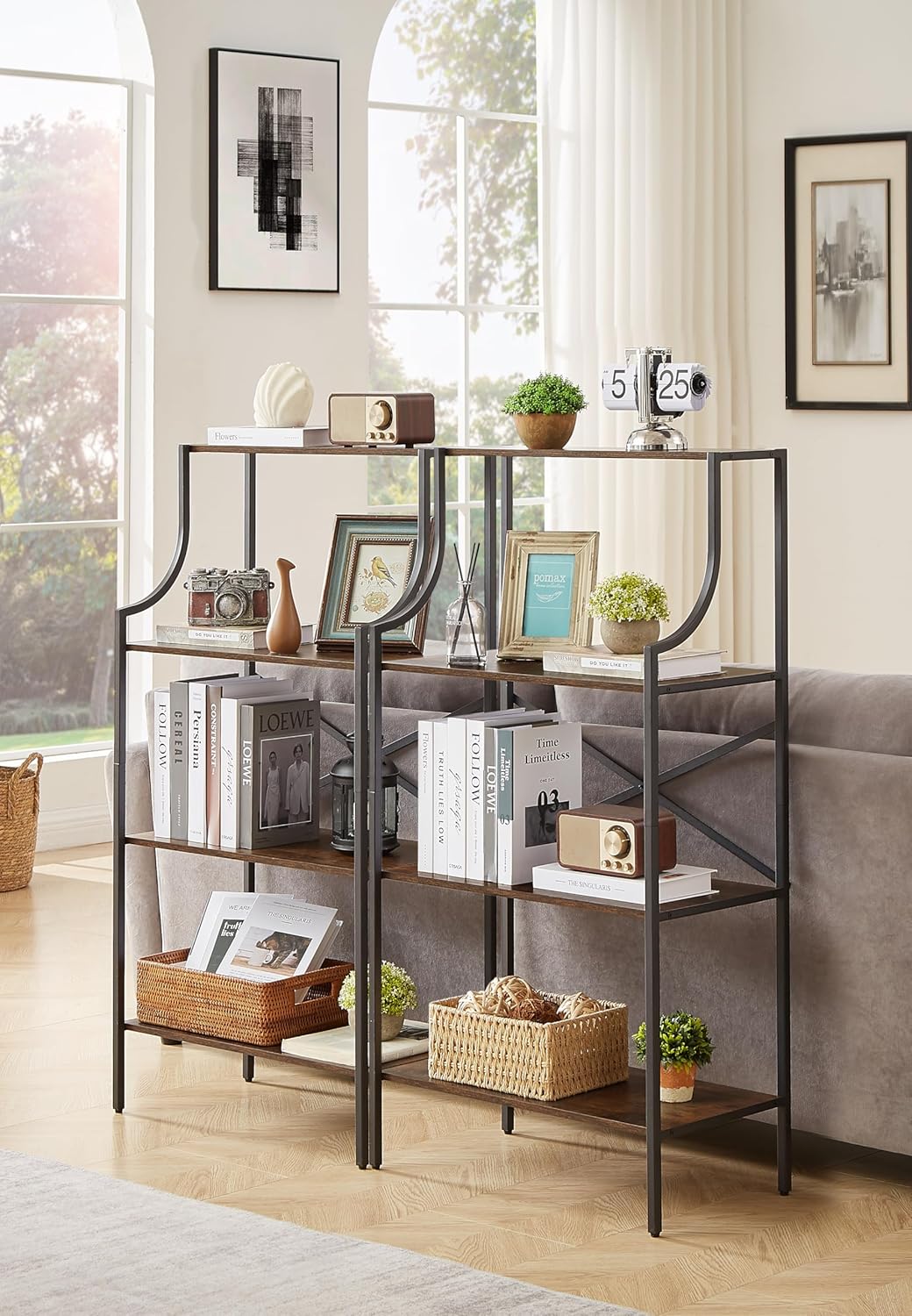 4 Tier Bookshelf, Entryway Standing Shelf Units with Storage, Small Bookcases with Open Shelves, Home Storage Shelving for Bedroom, Study, Living Room, Rustic Brown