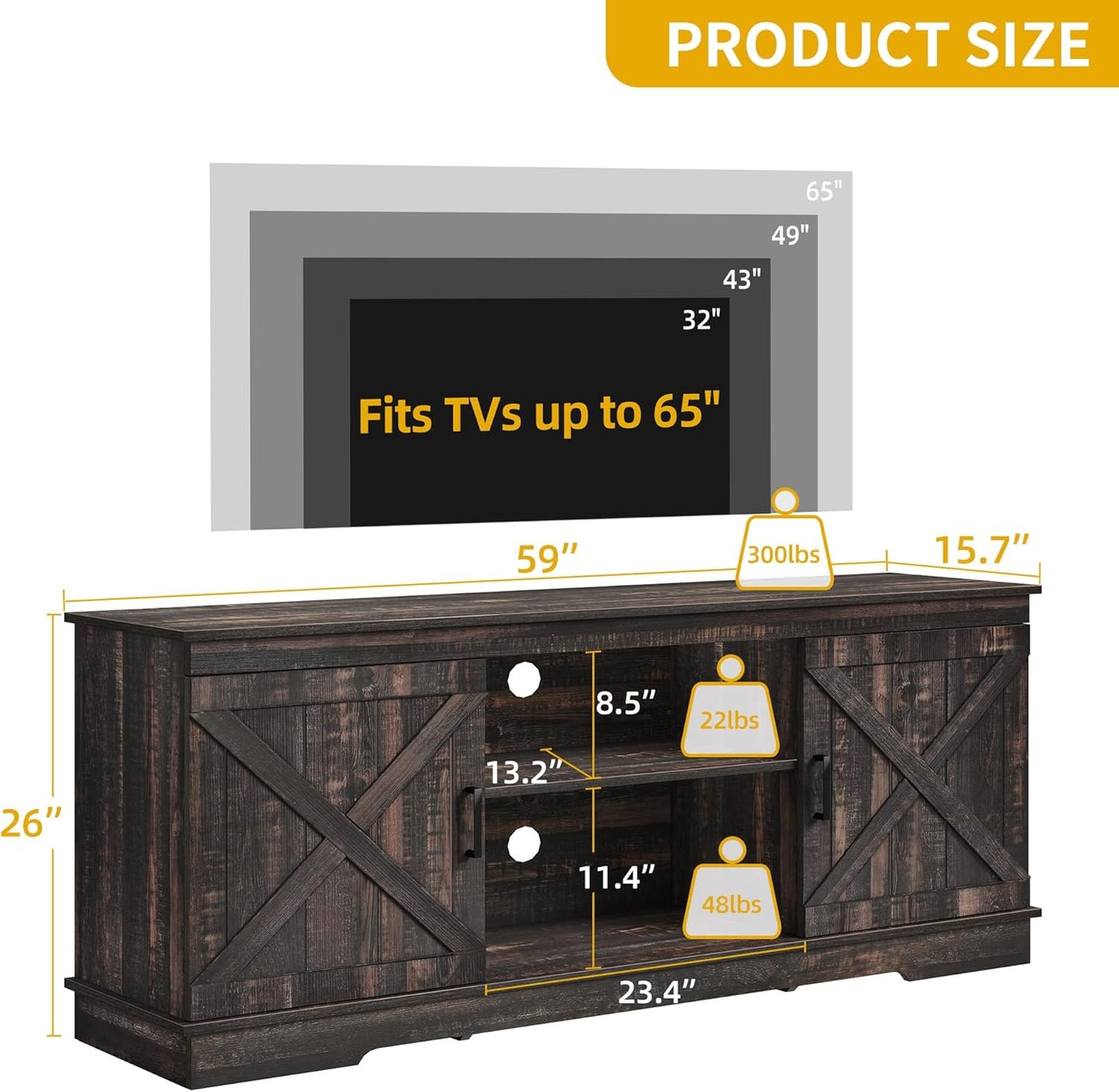 DWVO Farmhouse TV Stands for Living Room, Entertainment Center with Storage, TV Stand for 65 Inch TV with Double Barn Doors & Storage Cabinets, Rustic TV Cabinet Media Console, Dark Oak