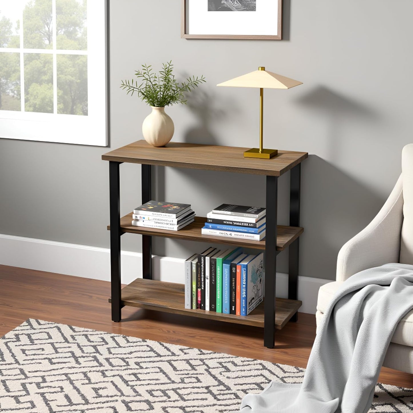 Pomona 3-Tier Bookcase with 2 Lower Shelves – 30" Tall Rustic Industrial Under-Window Bookshelf with Solid Wood and Metal Frame for Living Room, Bedroom, or Home Office by Alaterre Furniture