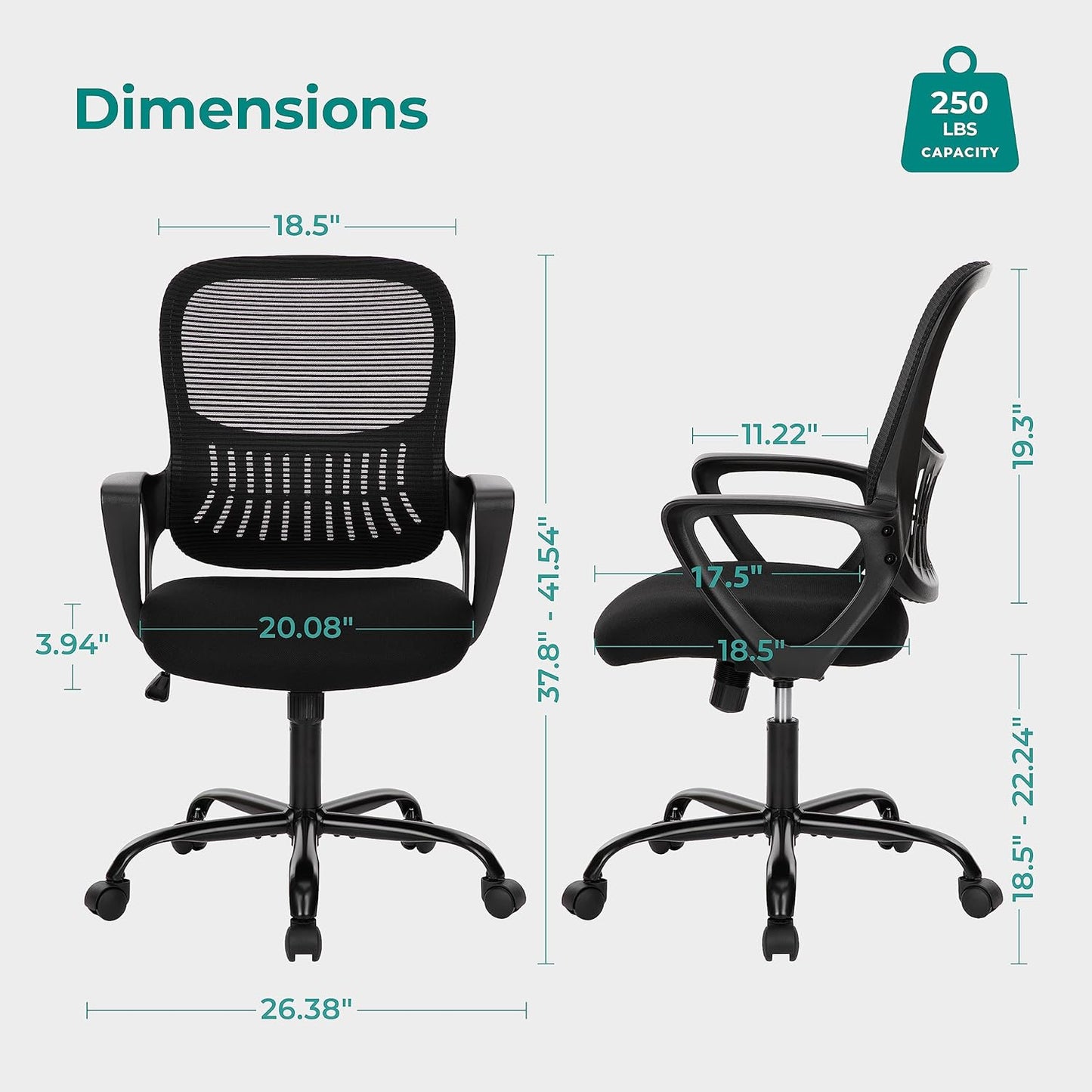 SMUG Office Computer Desk Chair, Ergonomic Mid-Back Mesh Rolling Work Swivel Task Chairs with Wheels, Comfortable Lumbar Support, Comfy Arms for Home, Bedroom, Study, Dorm, Student, Adults