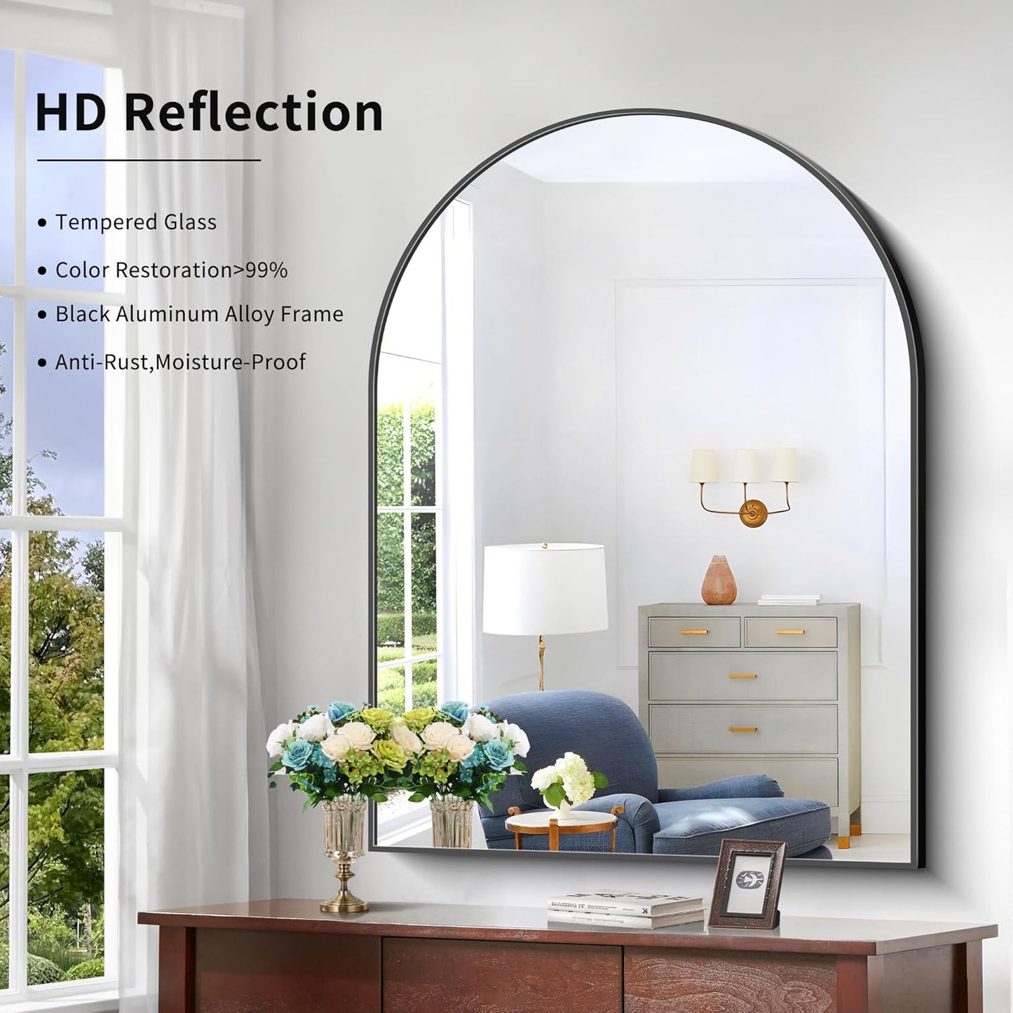 Arched Bathroom Mirror, 36x48IN Black Bathroom Mirror with Metal Frame, Wide Wall Mounted Mirrors Decor Modern Dresser Mirror for Bedroom Living Room Entryway