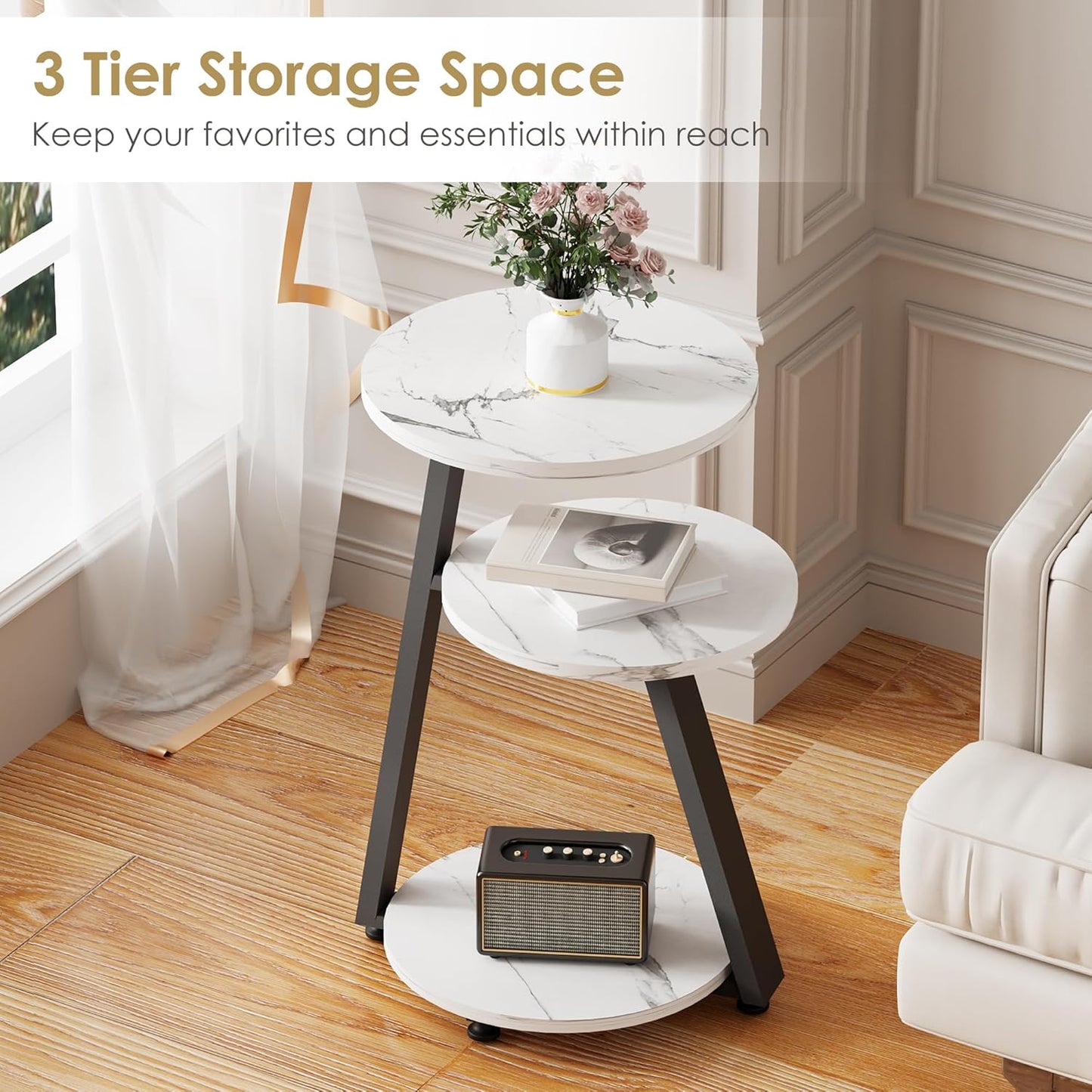 BEWISHOME Round End Table Marble Side Table with Metal Frame, Small Nightstand with 3-Tier Shelves, Night Stand for Living Room Bedroom Tall Black KTZ41H