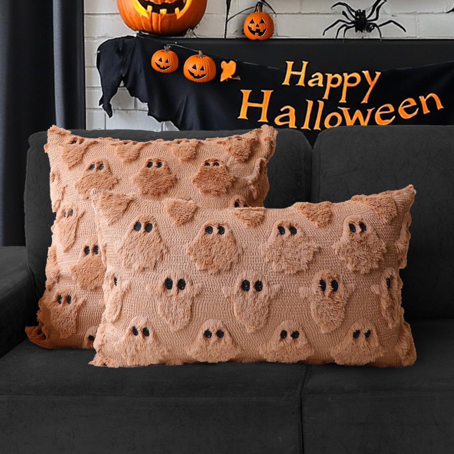 4TH Emotion Halloween Ghost Decorative Pillow Covers 16x16 Set of 2, Light Brown Soft Plush Faux Fur Farmhouse Throw Cushion Cases for Fall Autumn Holiday Home Decorations