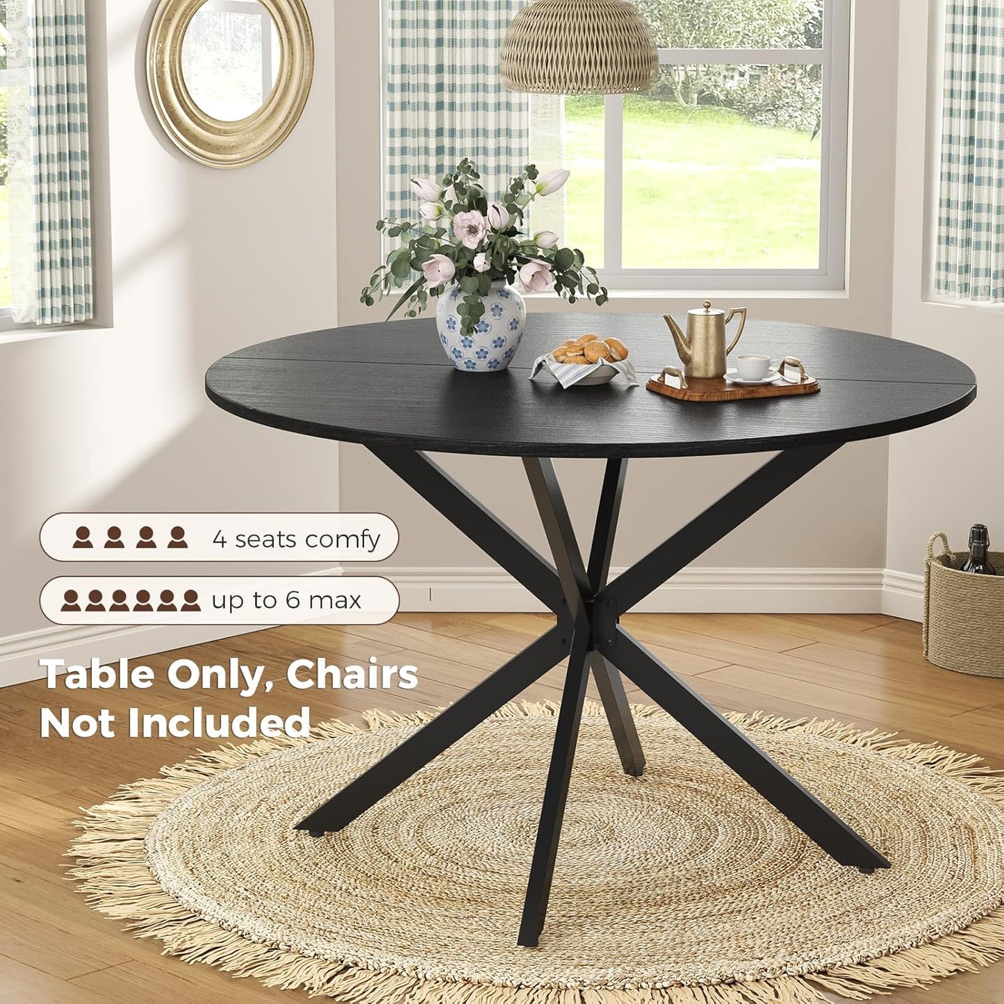Unovivy 47" Round Dining Table for 4-6, Space Saving Circle Kitchen Dinner Table, Industrial Mid Century Modern Dining Room Desk for Kitchen, Apartment, Black