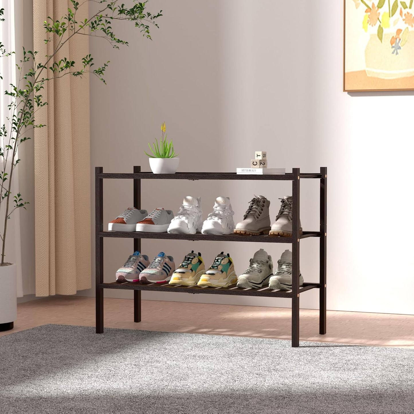 3 Tier Bamboo Shoe Rack for Closet Free Standing Wood Shoe Shelf for Entryway Small Space Stackable 27"x11"x20" (Brown)