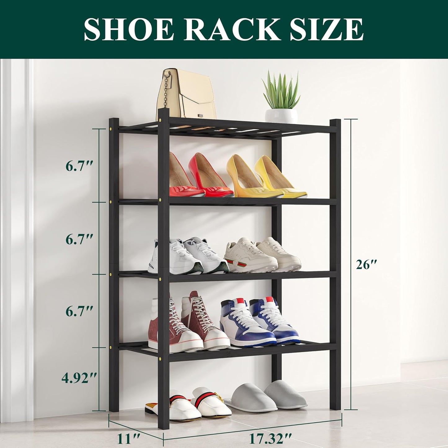 Smiry Shoe Rack, 4 Tier Small Bamboo Shoe Organizer, Stackable Free Standing Wooden Shoe Storage Shelf for Closet, Entryway, Front Door Entrance, Black