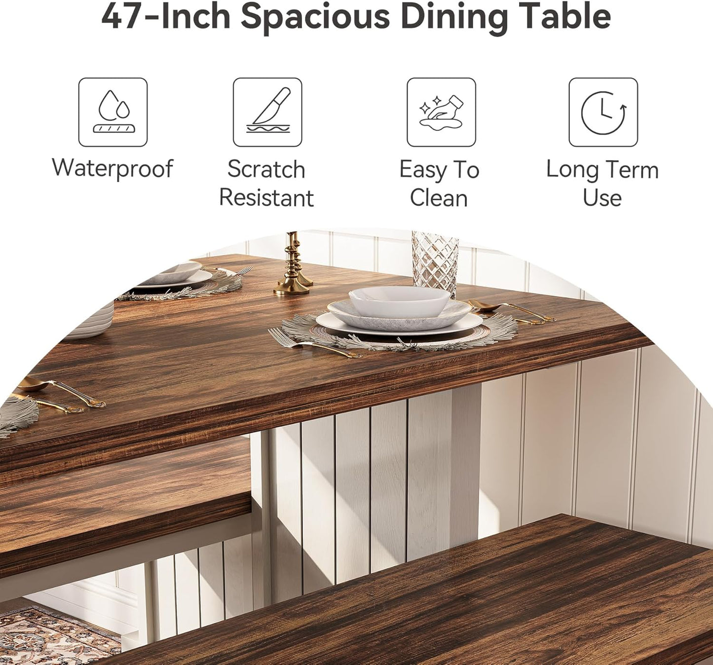 LITTLE TREE Dining Table Set for 4 with 2 Benches, Modern Kitchen Table with MDF Board, Space-Saving Dinette for Kitchen, Dining Room, Brown and White