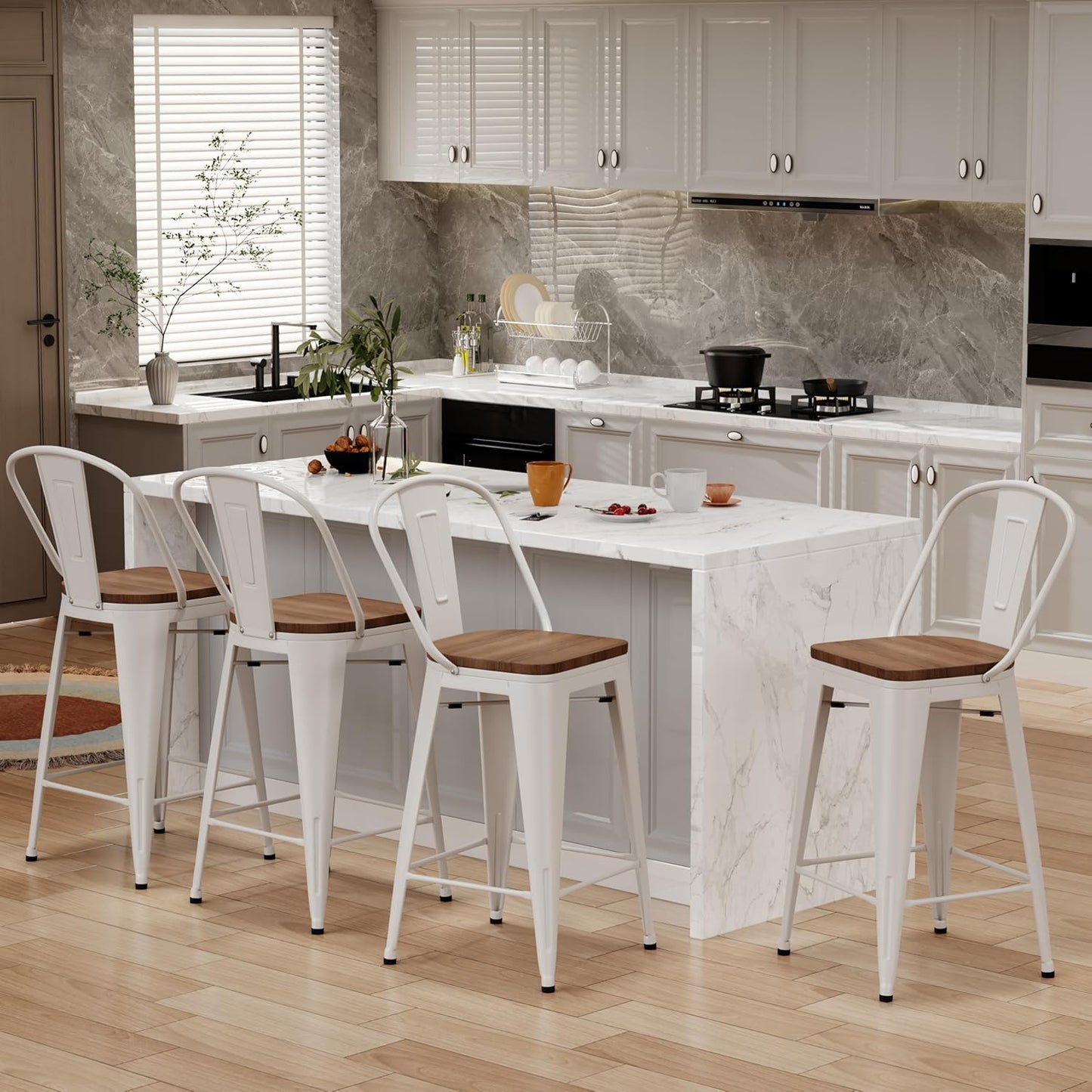 Changjie Furniture 30 Inches Metal Barstools Set of 4 Counter Height Bar Stools Industrial Stools with Backs High Back Chairs for Kitchen Island (30 Inch, White)