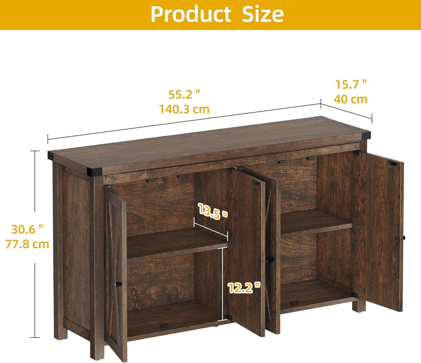 DWVO Farmhouse Sideboard Buffet Cabinet with Storage, 55'' Kitchen Storage Cabinet with Doors, Large Coffee Bar Cabinets with Adjustable Shelves for Kitchen, Living Room, Brown