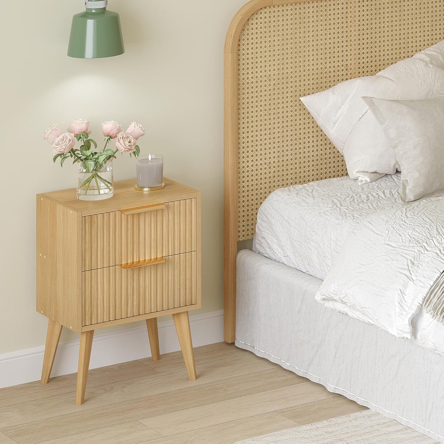 Fluted Nightstand with 2 Drawers,Modern Bedside Table with Metal Handles,White Side Table with Solid Wood Legs,Mid Century End Table for Living Room,Bedroom,Natural CTG55Y