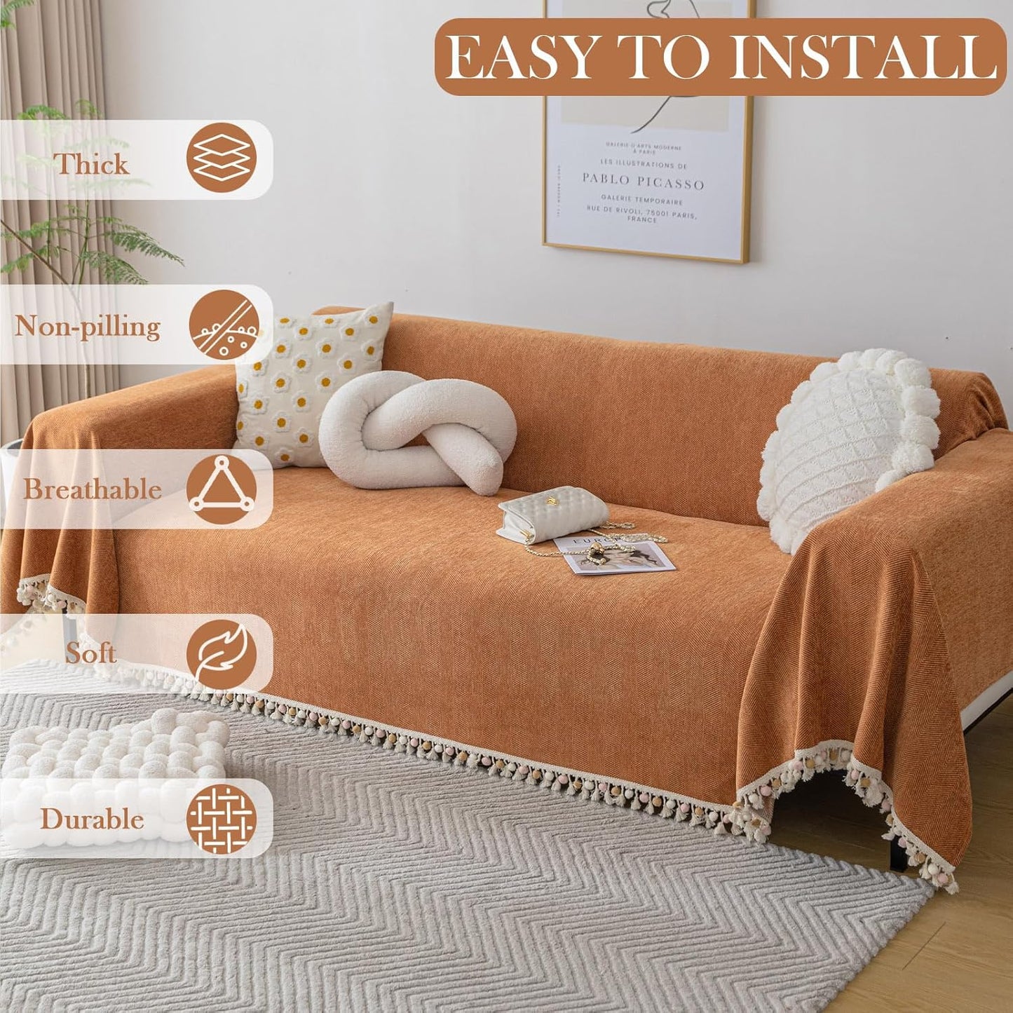 HANDONTIME Dark Orange Sofa Covers Couch Cover for Dogs Colorful Tassel Sofa Seat Cover Lovetseat Covers Pet Couch Cover Bohemian Sofa Cover for Couch Vintage Boho Couch Covers Futon Cover, 71" X118"