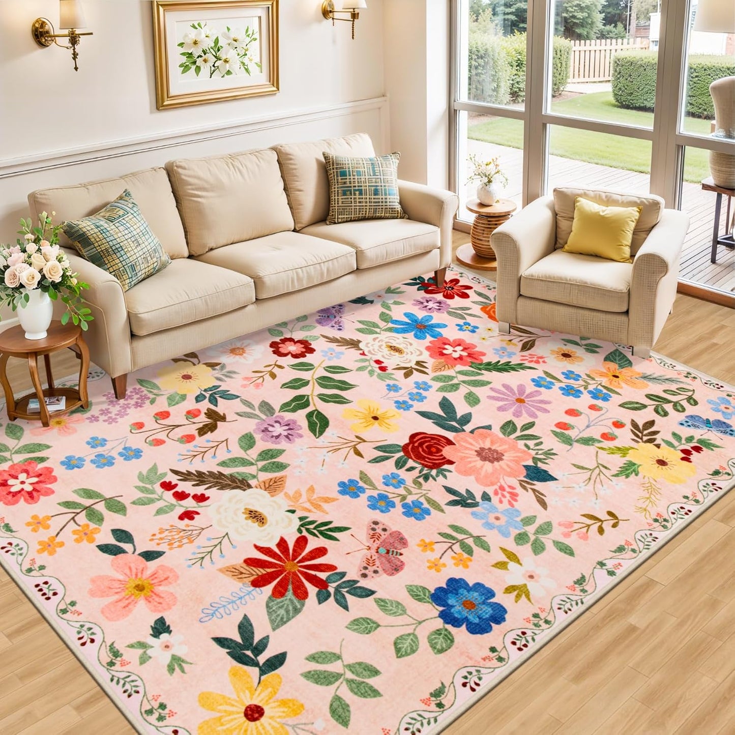 Area Rugs 9x12 Living Room: Floral Washable Rug Vintage Large Soft Boho Non-Slip Carpet Indoor Floor Stain Resistant Low Pile Carpets for Bedroom Dining Room Farmhouse Nursery Home Office Dark Beige