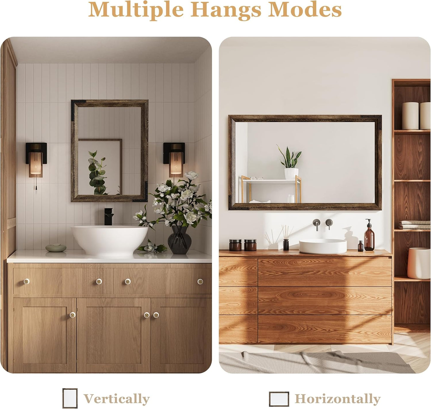 YOSHOOT Farmhouse Bathroom Mirror, Rustic Wooden Framed Mirror, Wood Vanity Mirror, Solid Wood & Handmade, Vertical or Horizontal Hanging for Bathroom Entryway Living Room Bedroom, 40" x 30", Brown