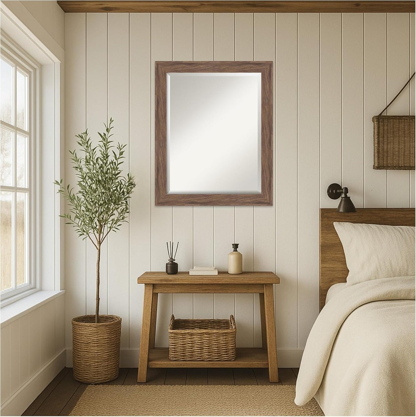 Amanti Art Brown Wall Mirror 27x33 Pia Medium Brown Rectangle Bathroom Mirror for Wall Decor Living Room, Large Casual Frame, Hangs Horizonally and Vertically, Bathroom Decor, Beveled Edge