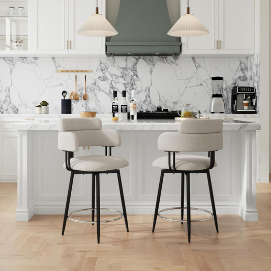 Swivel Bar Stools Set of 2, Counter Height Bar Stools with Ergonomic Full Back, Upholstered Linen Fabric Barstools with Chrome Metal Footrest for Kitchen Island, Dining Room