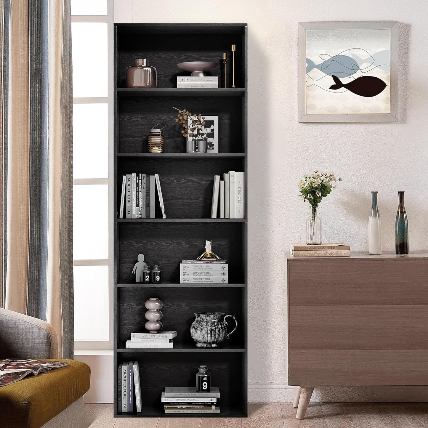 71" Tall Bookcase, 6-Tier Open Display Storage Shelves, Floor Standing Large Book Shelf for Living Room, Home Office, Bed Room, Black