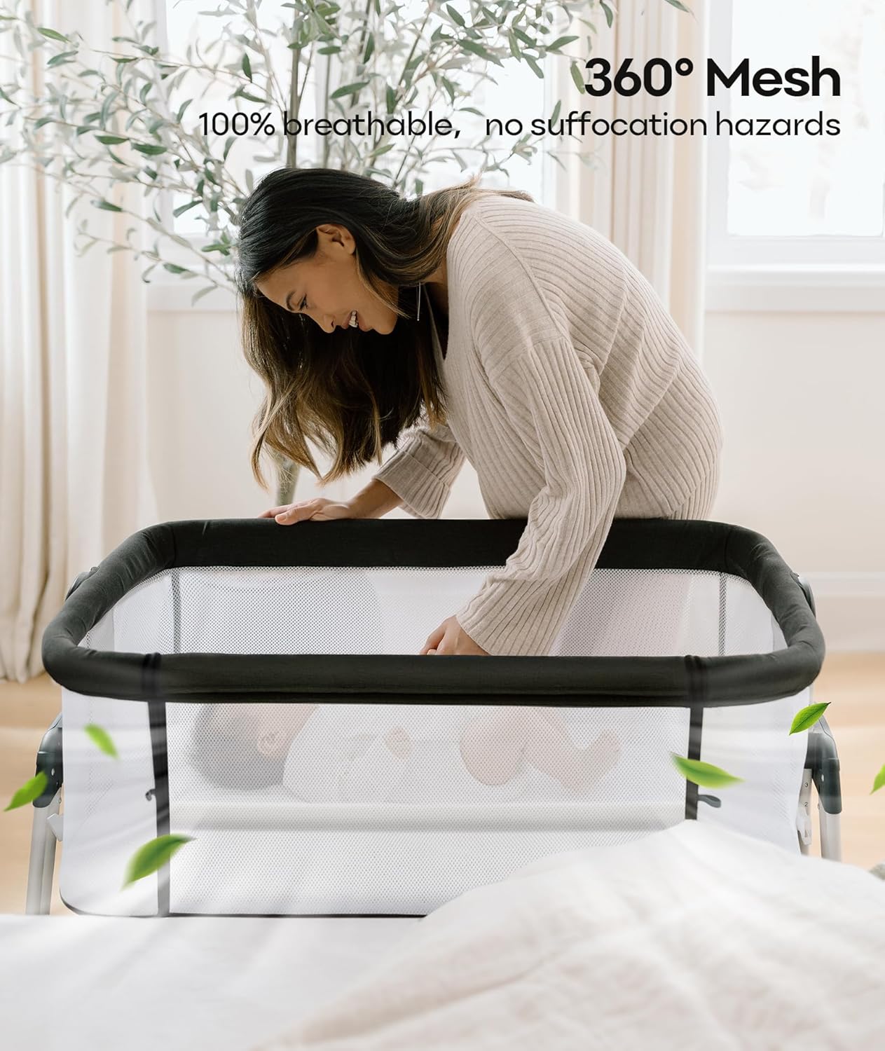 Fodoss Baby Bassinet Bedside Sleeper with Wheels and Storage Tray,4-Sided Mesh Bedside Bassinet for Infant/Newborn,7 Height Adjustable Easy Folding Bedside Crib