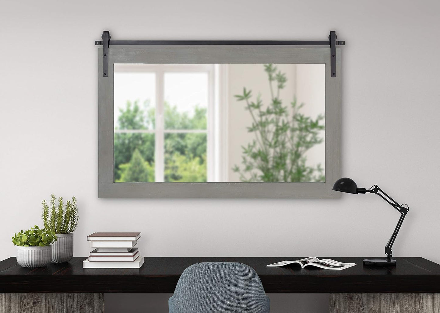 Kate and Laurel Cates Farmhouse Horizontal Wood Framed Wall Mirror, 40 x 26, Gray, Barn Door-Inspired Rustic Mirrors for Wall
