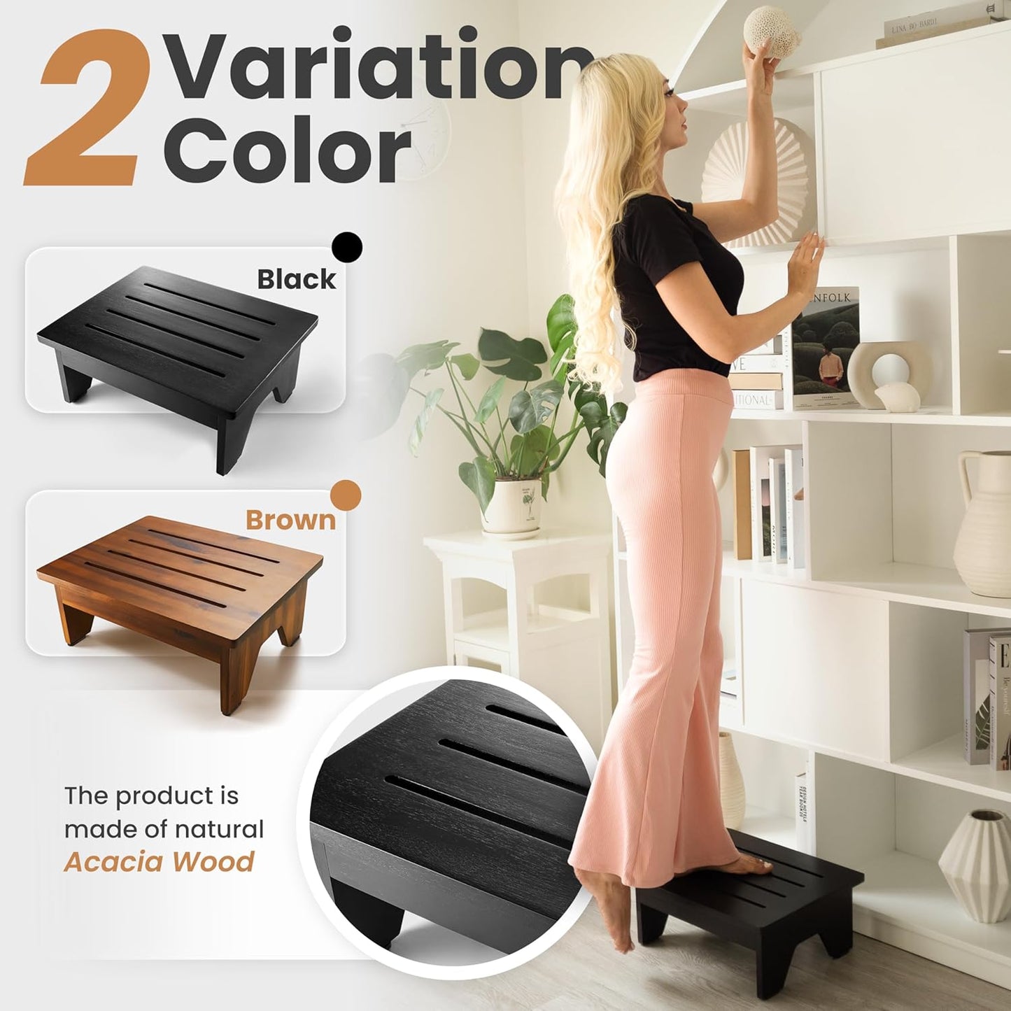 Holana 6.5" Wooden Step Stool for Adults (No Assemble Required)- 500 Lbs One Step Stools for High Bed Riser - Small Stepping Stool for Elderly, Seniors, Kid/Bathroom, Bed, Kitchen (Black)