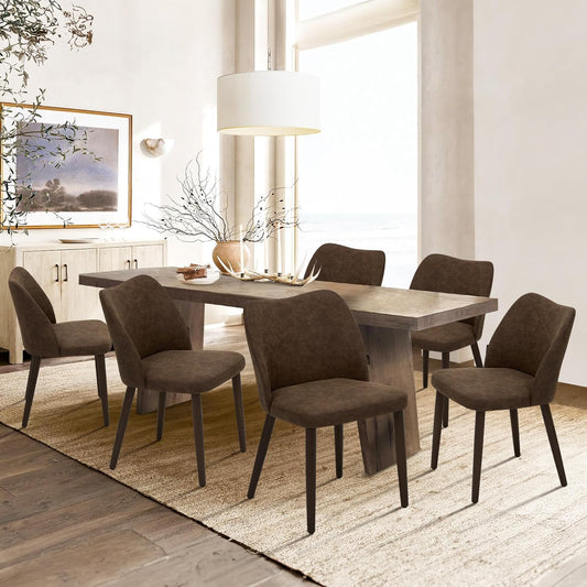 COLAMY Upholstered Dining Chairs Set of 6, Modern PU Leather Dining Room Kitchen Side Chair with Padded Seat and Wood Legs Restaurant/Cafe, Dark Brown
