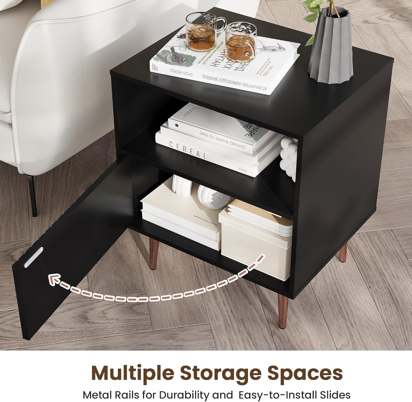 Black Night Stand Set 2,Modern Bedside Table with Door and Open Storage,Fluted Nightstand and Wood End Side Table with Rose Gold Metal Legs and Handles for Bedroom,Living Room,Black