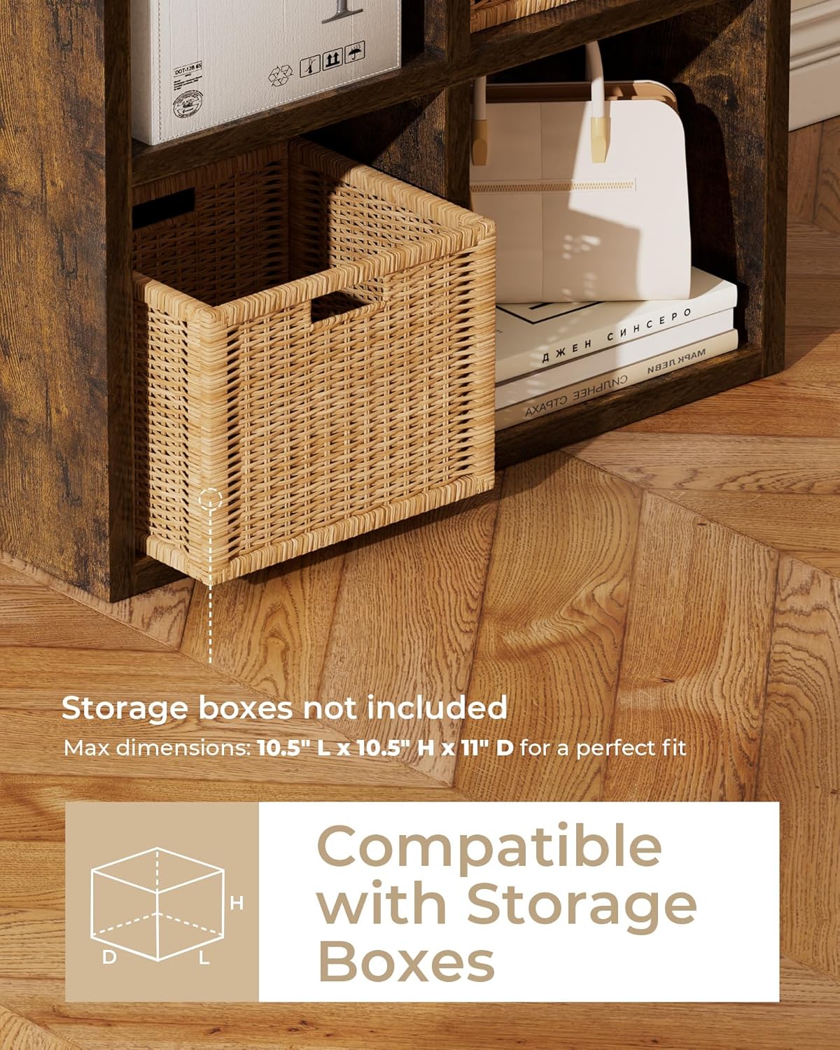 GTPLAYER 4-Cube Storage Organizer, Fits 11" Bins, Vertical or Horizontal Use, Opening Bookshelf, Partial Back Panels, Stackable Design Bookcase, for Desk, Vanity, Entryway, Rustic Brown