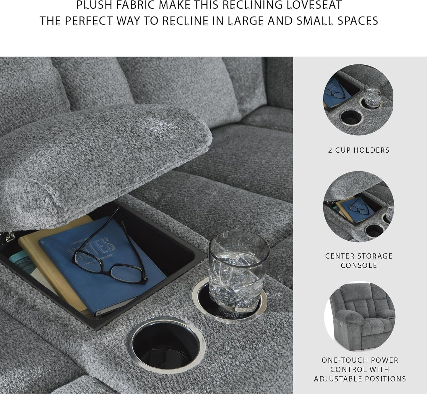 Signature Design by Ashley Tip-Off Modern Wall Hugger Power Reclining Loveseat with Adjustable Headrest, USB Ports, Storage and Cup Holders, Gray