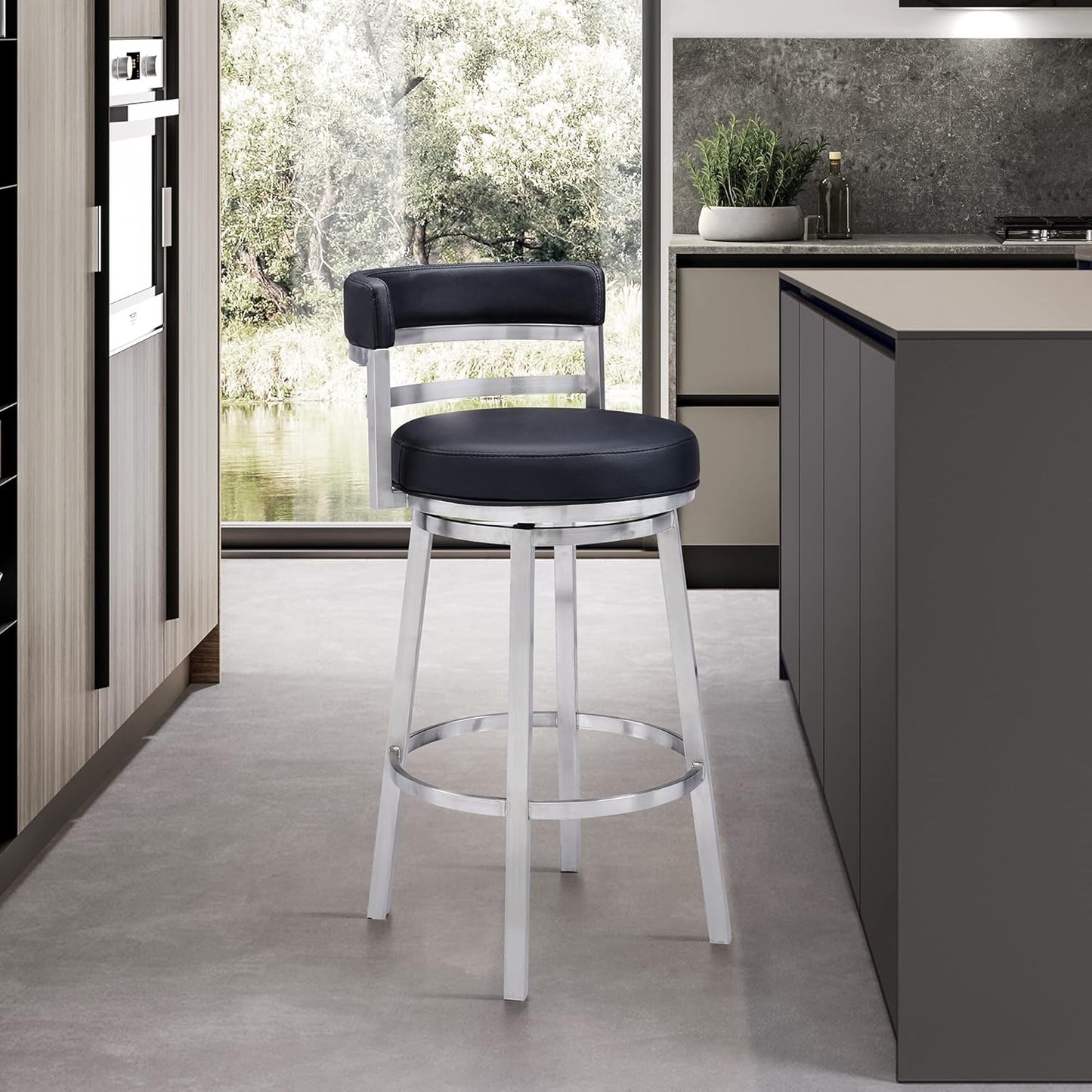 Armen Living Titana 26" Counter Height Swivel Black Faux Leather and Brushed Stainless Steel Bar Stool