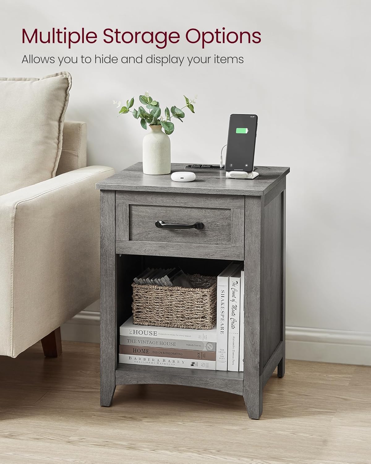 VASAGLE LIRY Collection - Farmhouse Nightstand with Charging Station, Bedside Table, Side Table with Drawer, Open Compartment, for Bedroom, Misty Gray ULET659G68