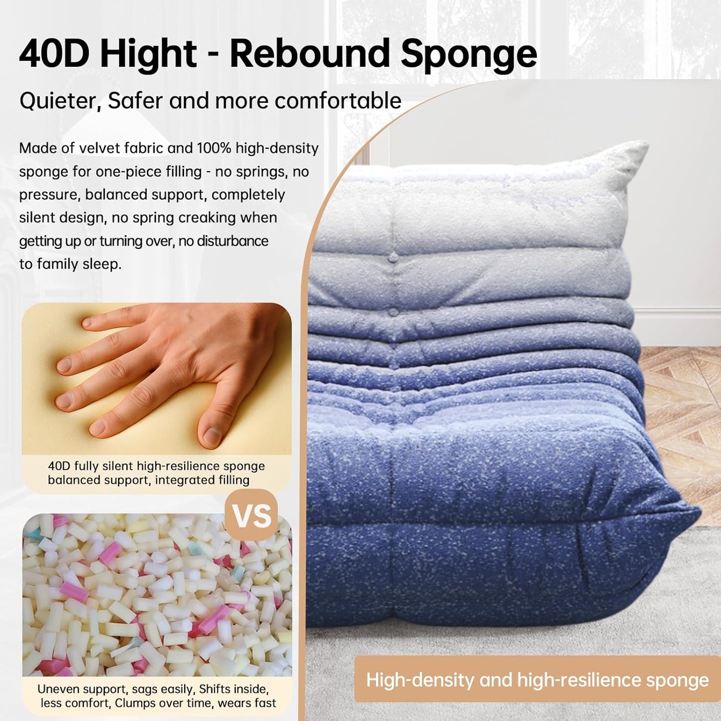 Bean Bag Chairs for Adults, BeanBag Reading Chair Memory Foam Couch, Floor Chair Soft Teddy Material, Comfy Reading Nook Chairs for Bedroom Living Room Office (Blue White)