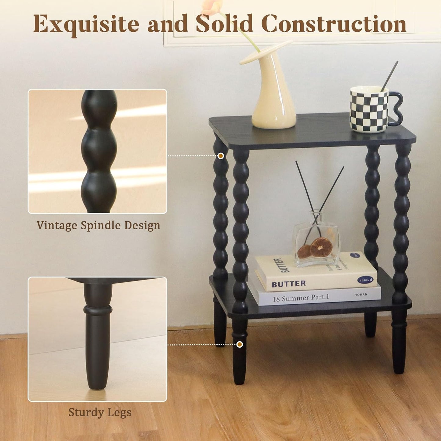 Black Side Table, Small End Table with 2-Tier Shelf, Vintage Night Stand with Storage for Bedroom Living Room, Small Spaces (Black)