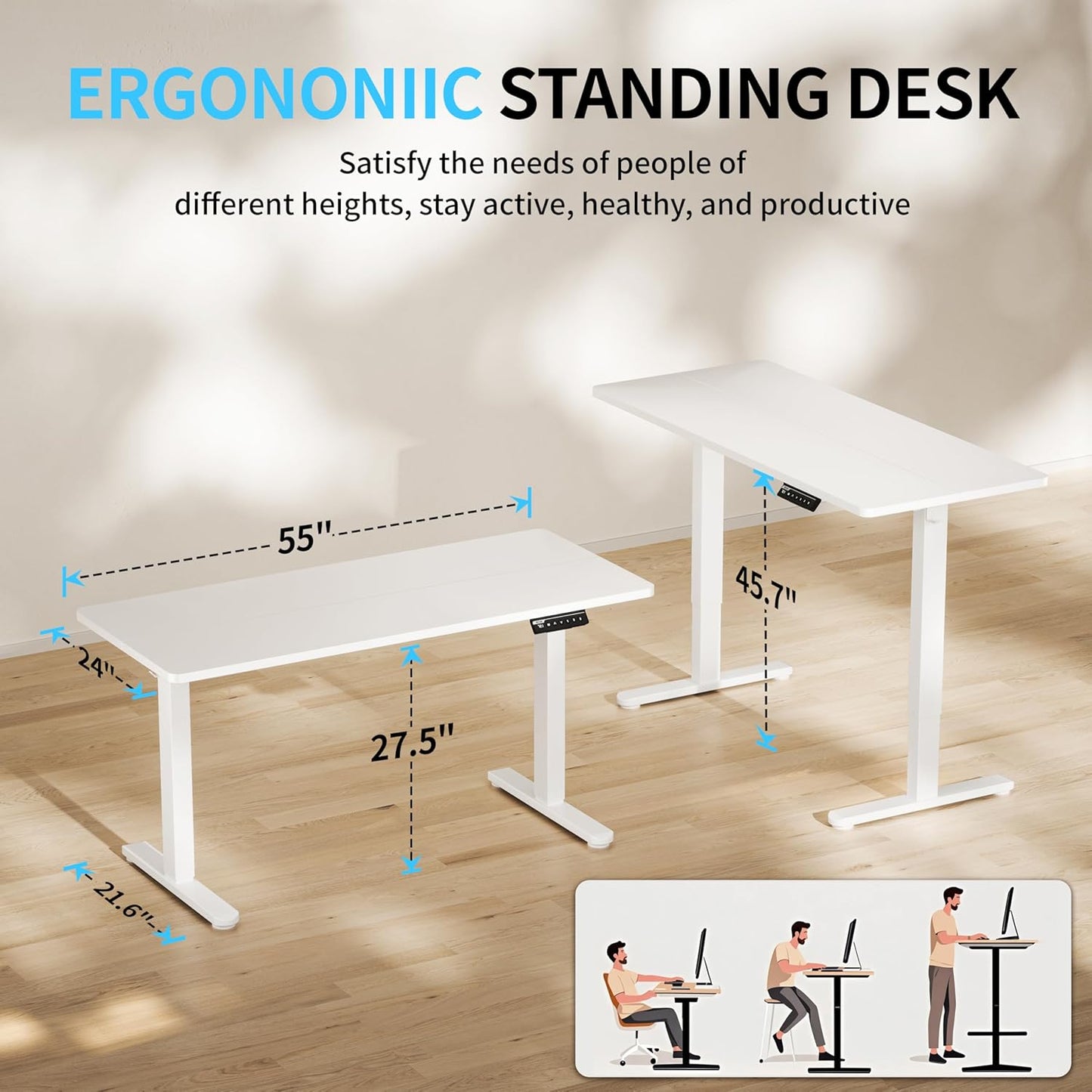 BIZUM Electric Standing Desk, 55x24 inches Height Adjustable Desk, Sit to Stand Desks Memory Gaming Computer Workstation for Home Office, White